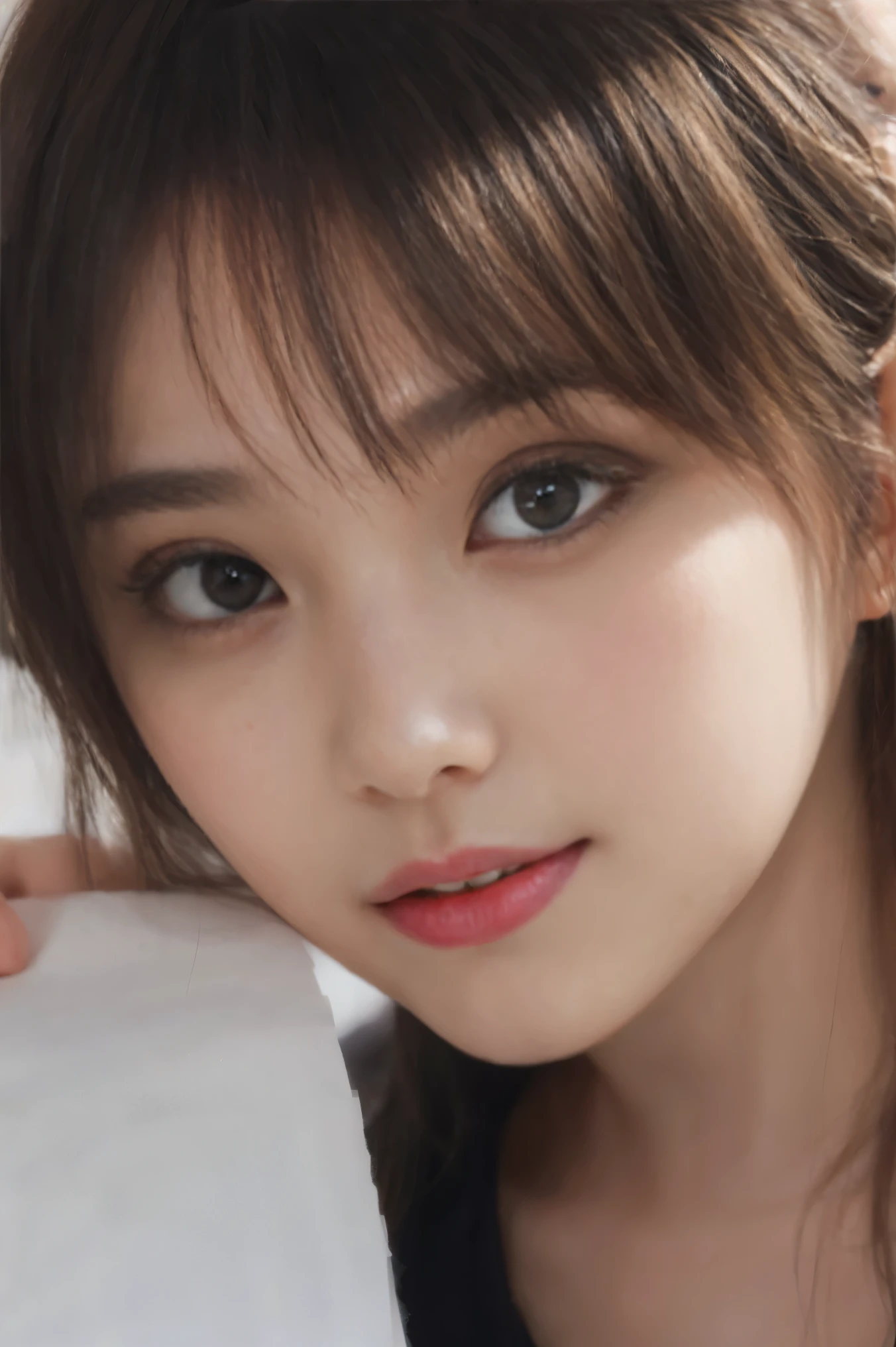 (close-up photo of face:1.4),Highly detailed CG Unity 8k wallpaper,(highest quality), ((Super detailed)),(masterpiece), (High resolution),cute,white paper,((Beautiful gray detail eyes)),Hairstar,white paperーディテールプリーツスカート,short hair,gray hair,small breasted girl、(pleated paper ボール on head),(hoing on paper),blue sky,[smile face on round wrinkle paper on ground],jitome,indoor,bed,brush sticker, 