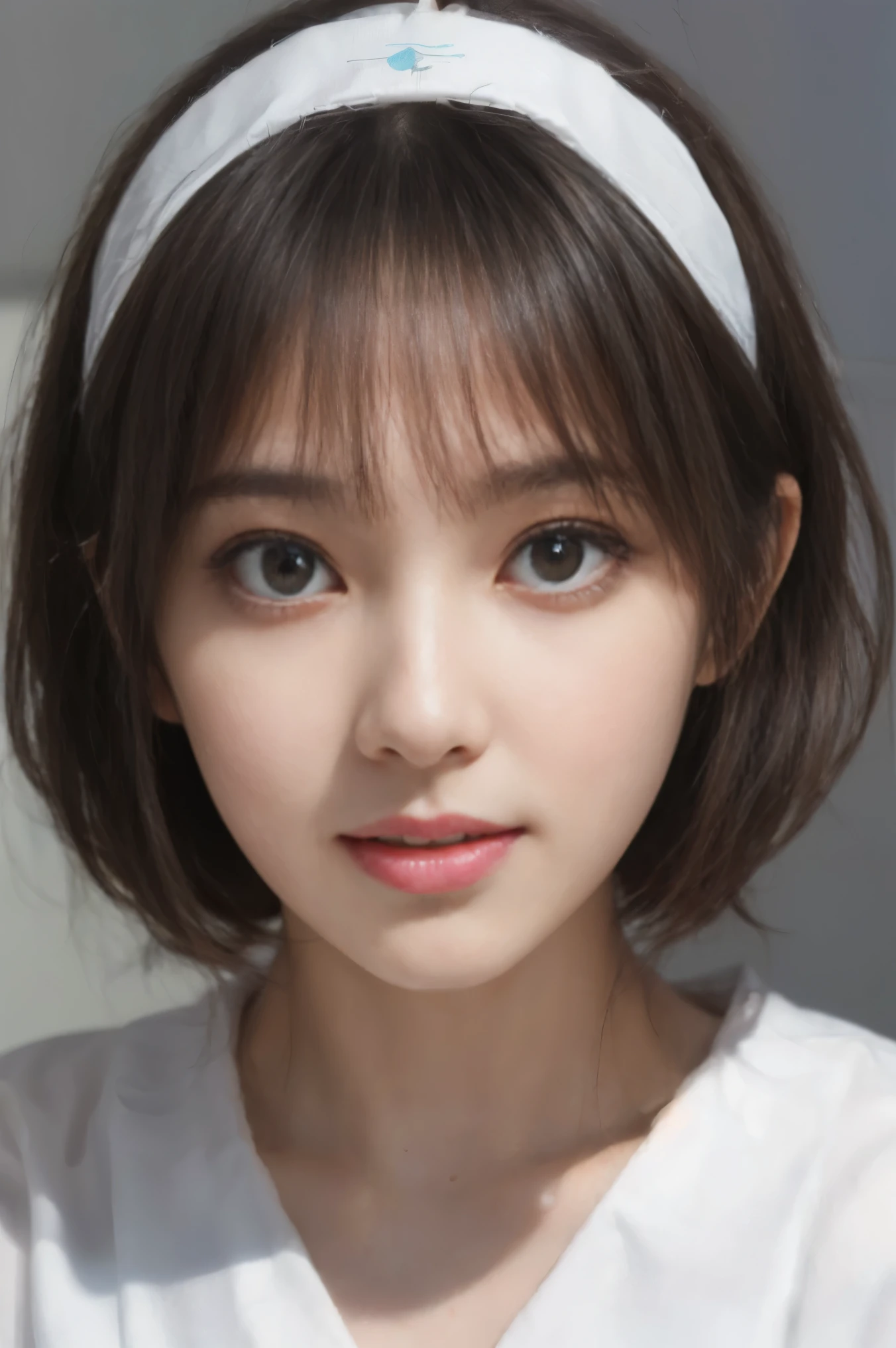 (close-up photo of face:1.4),Highly detailed CG Unity 8k wallpaper,(highest quality), ((Super detailed)),(masterpiece), (High resolution),cute,white paper,((Beautiful gray detail eyes)),Hairstar,white paperーディテールプリーツスカート,short hair,gray hair,small breasted girl、(pleated paper ボール on head),(hoing on paper),blue sky,[smile face on round wrinkle paper on ground],jitome,indoor,bed,brush sticker, 