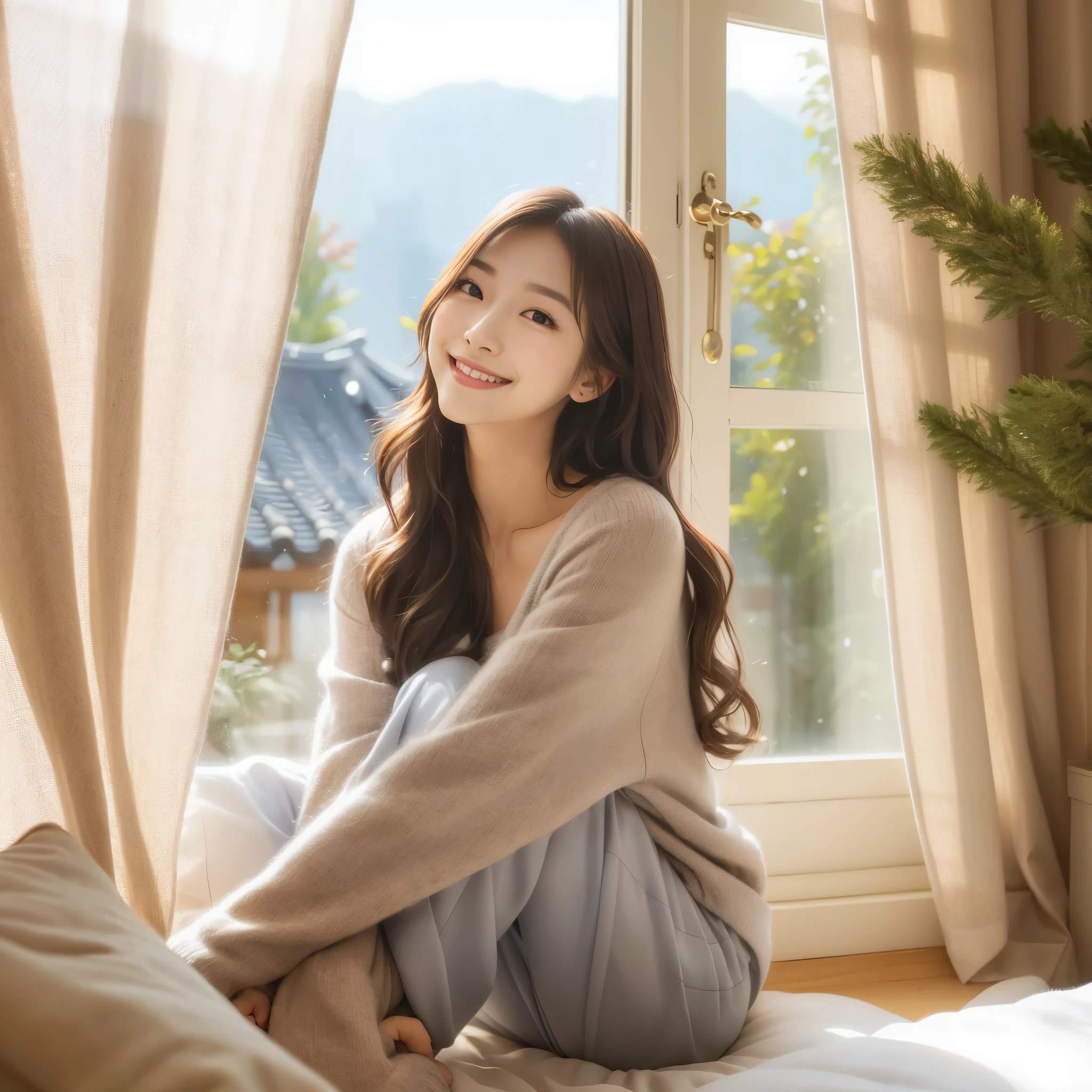 Around 40 sitting on the bed in front of the window and smiling, Bae Suzy, beautiful south korean woman, beautiful young korean woman, Soft light from the window, gorgeous young korean woman, gentle smile, warm and gentle smile, morning lighting, Against the background of natural light, korean woman, cute korean actress, sitting in the bedroom, soft natural light, gentle smile, korean girl