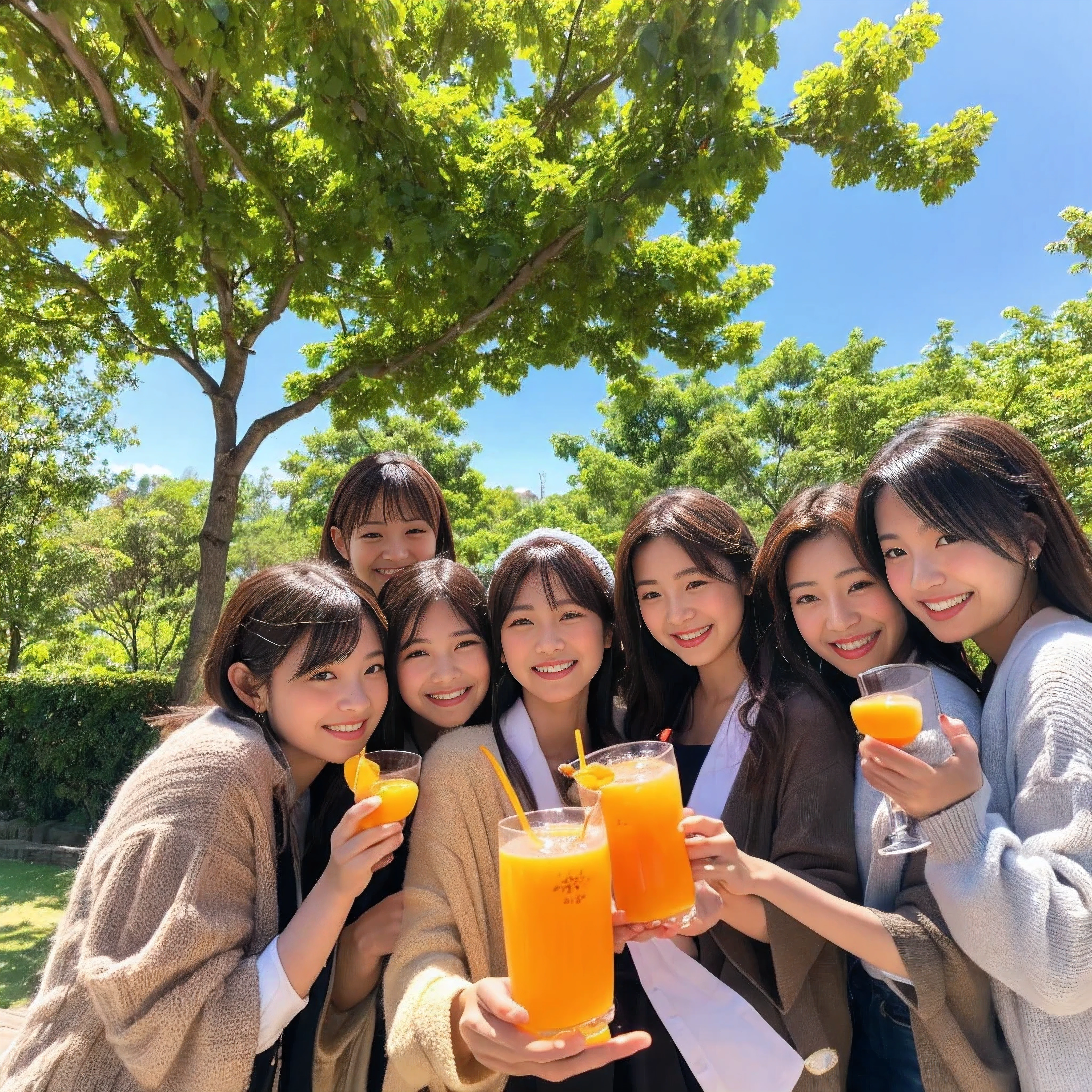((Best quality, masterpiece)), five lifelong friends,japanese idol,costume,((orange juice)), warmly embracing, smiling ear-to-ear, surrounded by lush greenery and a crisp blue sky, basking in the sunshine of a perfect day.