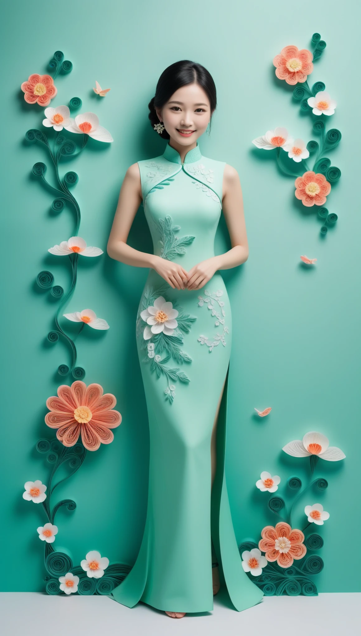 (paper art,layered paper art,paper quilling,paper-cut,paper sculpture), 1 Cheongsam woman，Slender figure，perfectly proportions，Delicate hair accessories, full body, smile，Oriental elements，simple background, mint green,  (Soft Lighting, Bokeh)