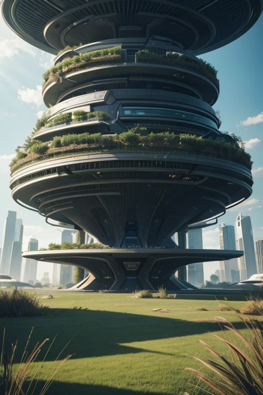 A complex grass Structure in a futuristic city
