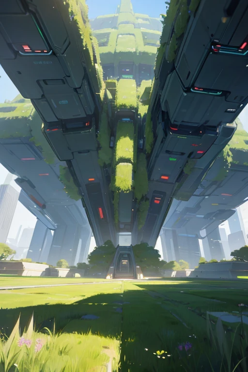 A complex grass Structure in a futuristic city