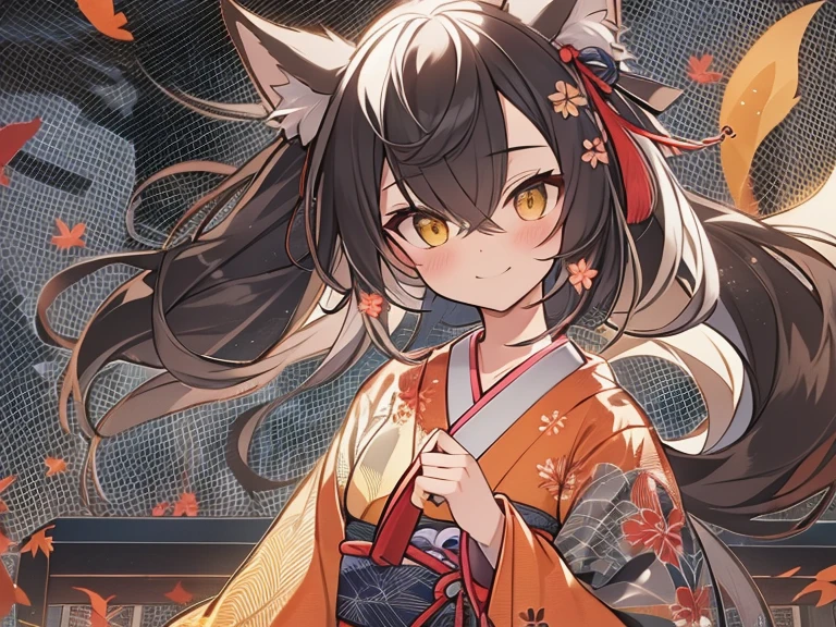 Fox-eared witch,(highest quality:1.2)、girl with long brown ponytail、(yellow fox ears)、(fox tail)、shrine、4K resolution、Traditional Japanese kimono like Onmyoji、big breasts、Illustration similar to Genshin、Clothes like Kitasan Black、looking at the camera,Cool smile,Overall image,don&#39;t show your hands,Expressing strength and courage