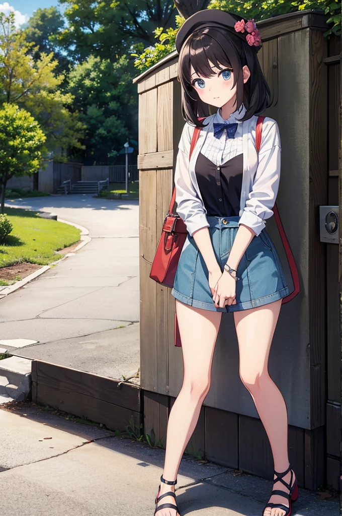 crea a una waifu de pie estilo anime, mirando el paisaje de espalda al espectador