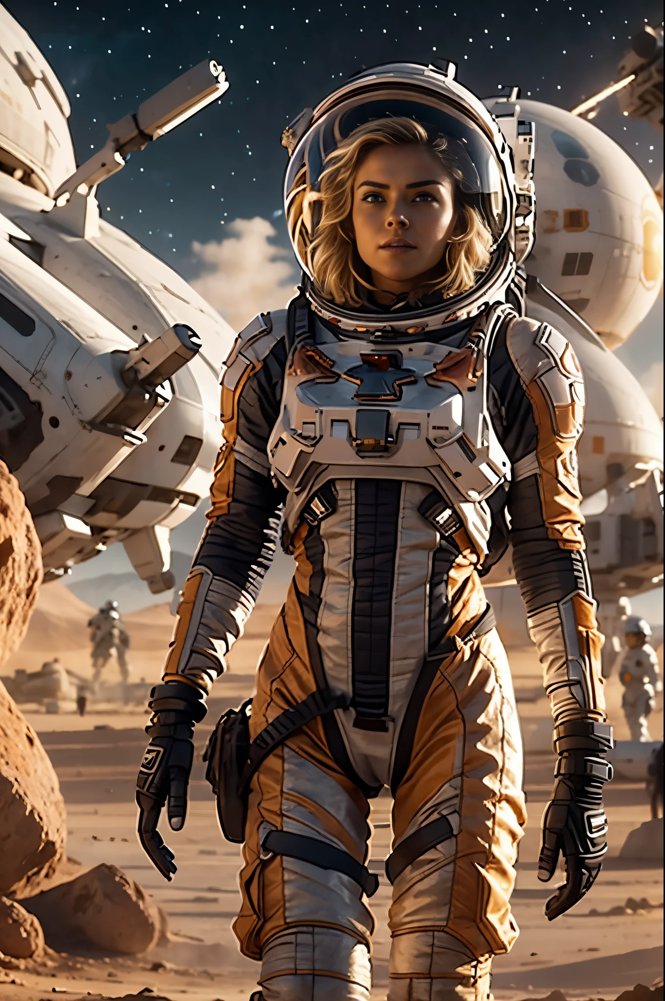 Masterpiece, forbiden planet landscape, solitary female astronaut, a beautiful 25 years old european blonde woman, radio dish antenna, Electric Purple, utility belt, Metallic Gray Zinc, sci-fi, ultra high res.photorealistic, 16k, UHD, HDR, the best quality, body-tight suit, intricate, the most fantastic details, cinematic composition, dramatic lighting, full body, space ships in space, realistic reflections, sunset, to scale, lonely, sad, dynamic posture, a military compound in the background