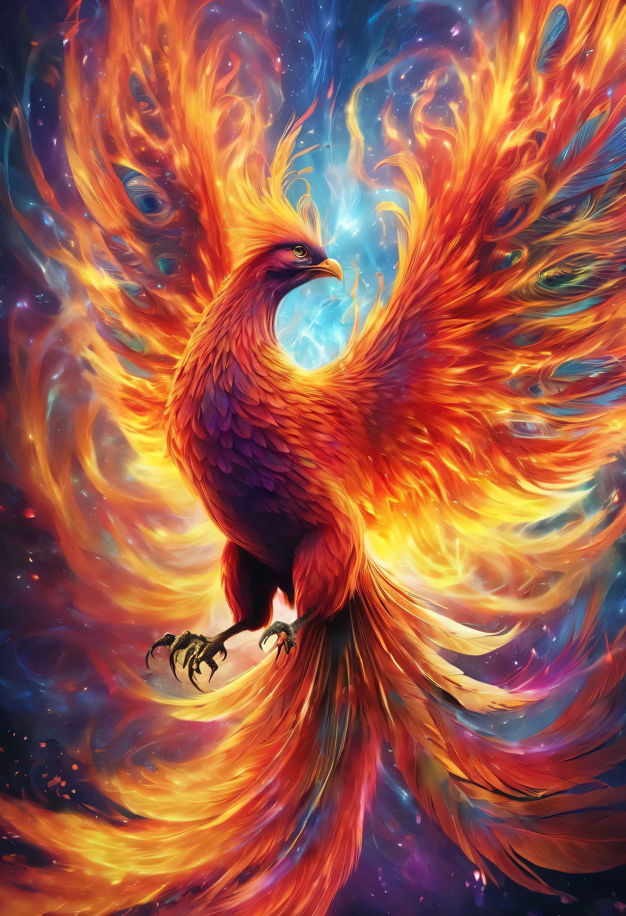 A beautiful and realistic phoenix is reborn in a psychedelic firestorm , There are a lot of very visible and textured auras.