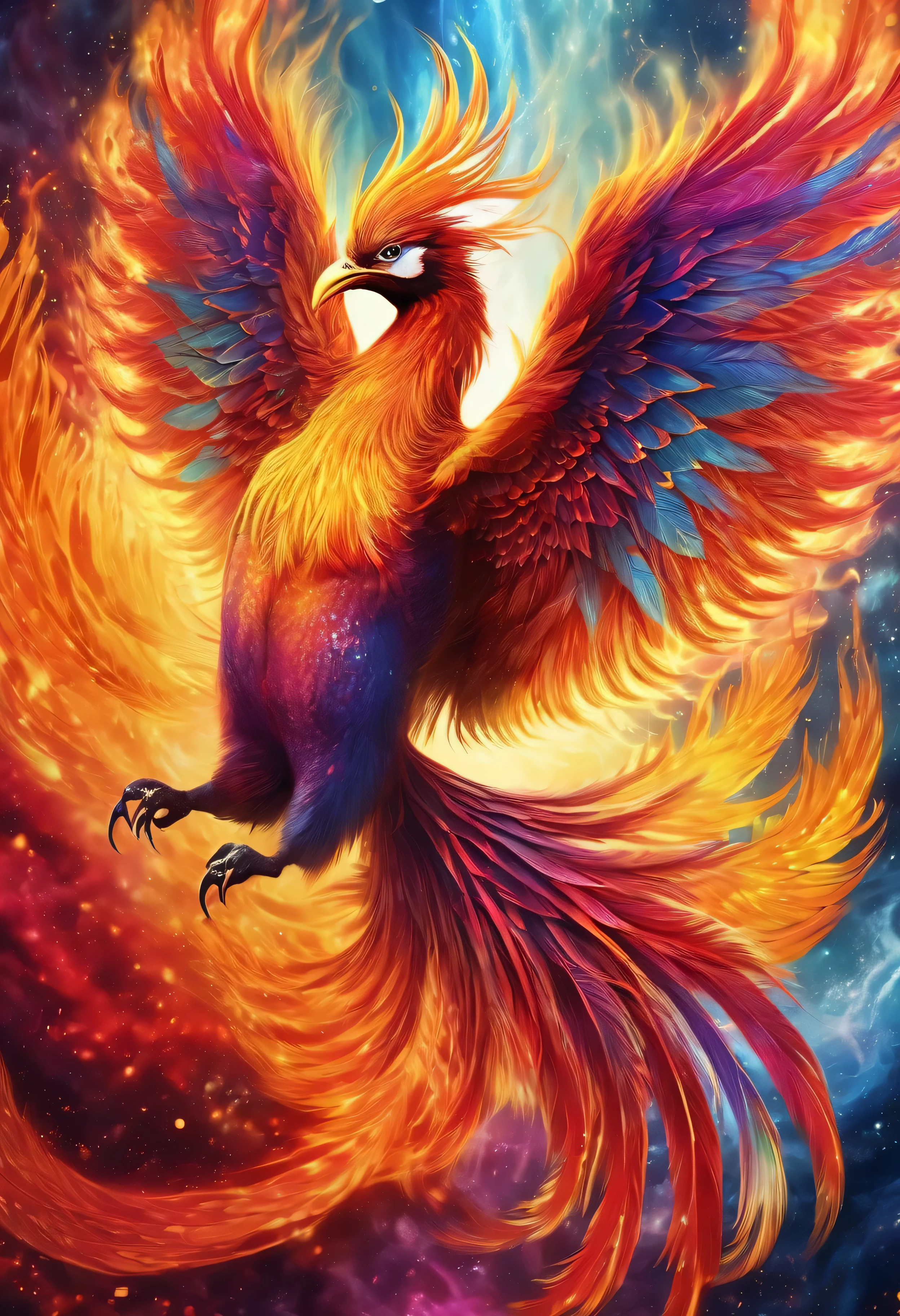 A beautiful and realistic phoenix is reborn in a psychedelic firestorm , There are a lot of very visible and textured auras.