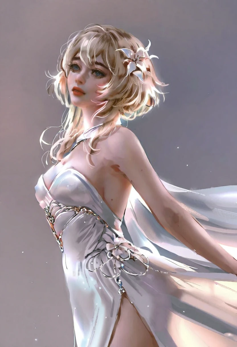 best quality, masterpiece, by nixeu, 1girl, Lumine Genshin Impact, solo, medium breasts and innerboob, evening dress, blonde hair, simple background