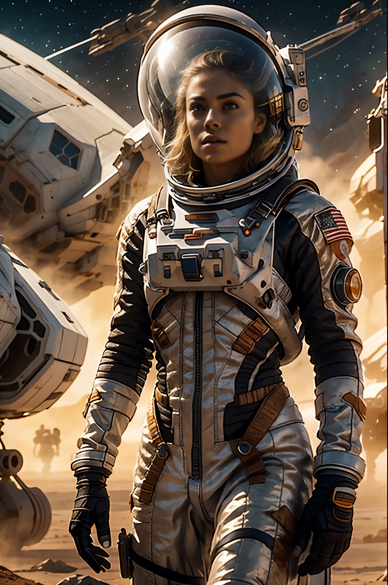 Masterpiece, forbiden planet landscape, solitary female astronaut, a beautiful 25 years old european blonde woman, radio dish antenna, Electric Purple, utility belt, Metallic Gray Zinc, sci-fi, ultra high res.photorealistic, 16k, UHD, HDR, the best quality, body-tight suit, intricate, the most fantastic details, cinematic composition, dramatic lighting, full body, space ships in space, realistic reflections, sunset, to scale, lonely, sad, dynamic posture, a military compound in the background