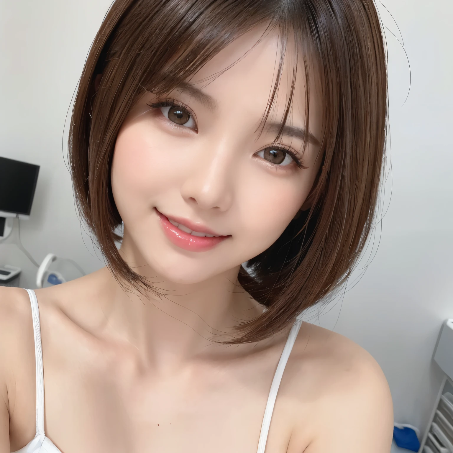 (close-up photo of face:1.4)、(highest quality、table top、8k、best image quality、Awards、hyper realism)、One nurse girl、(white perfect camisole:1.1)、(Beautiful girl with small breasts and flat chest:1.1)、(snow-white camisole:1.1)、(Plain white camisole:1.1)、(Beautiful girl with small breasts and flat chest1.1)、(small breasts:1.1)、(The background is a perfect hospital room:1.1)、Perfect hospital room with the most natural layout、(close up of face:1.5)、accurate anatomy、look at me and smile、perfect makeup、lipstick、eye shadow、long eyelashes、Beautiful glossy plump lips、very bright、White beautiful teeth、Gives off a lustrous shine、The most beautiful white skin、Beautiful skin that shines in the light、the most detailed and perfect face、most detailed glowing eyes、beautiful and moisturized skin、Beautiful skin with ultra-high definition gloss and moisture、Ultra high definition beauty face、Super high resolution perfect teeth、ultra high definition hair、ultra high resolution glossy lips