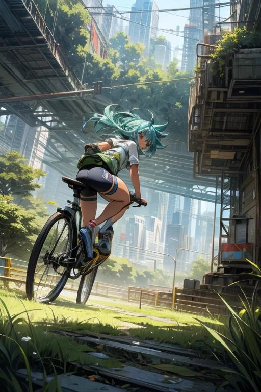 cute anime girl rides a bicycle, in running shorts, short shorts, A complex grass Structure in a futuristic city