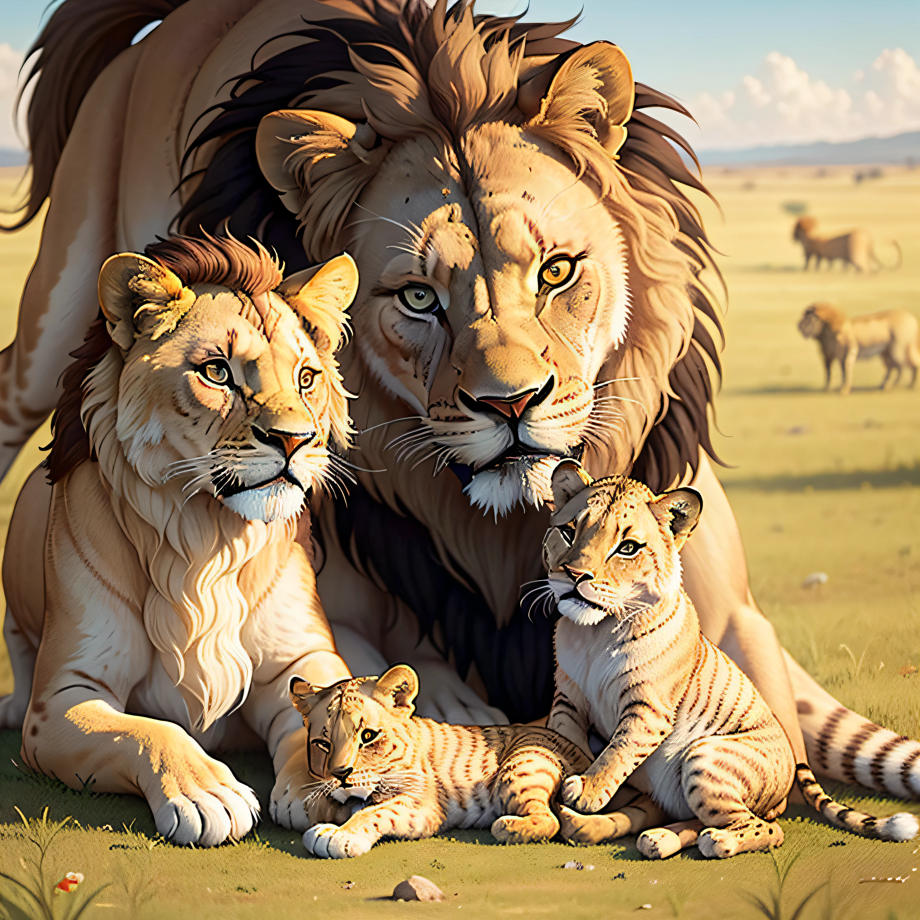 Desenhe uma cena na Savana Amarela, onde o Leo, Um pequeno, friendly little lion, is happy playing with his family, which includes a large lion and a caring lioness. The environment should be full of bright colors and friendly features.