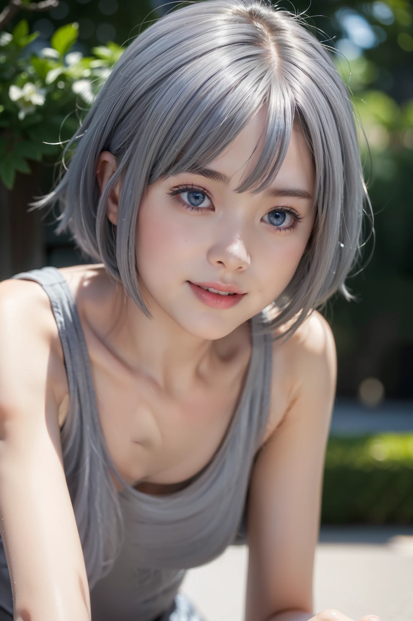 close-up photo of face:1.4、(blue eyes:1.2)、最高のsmile、小さな平らな胸を持つsmall breasts美少女、(ash gray hair:1.5)、beautiful girl with round face、short bob cut hair, (RAW photo、highest quality)、(realistic、Photoreal:1.3)、highest quality、masterpiece、very delicate and beautiful、very detailed顔、small breasts、sense of oneness、2k wallpaper、growing up、Beautiful in every detail、masterpiece、smile、highest quality、Hvery detailed ticker Unity 8K wallpapers、huge file size、Super detailed、High resolution、very detailed、1 female、because I'thin、cup、(black leotard top:0.7)、(Beautiful girl in a loose tank top:1.2)、think ahead、sharp focus、close up of face、face to face with the children_v1:0.8 short bob cut hair、Instagram、viewer'point of view、self snap