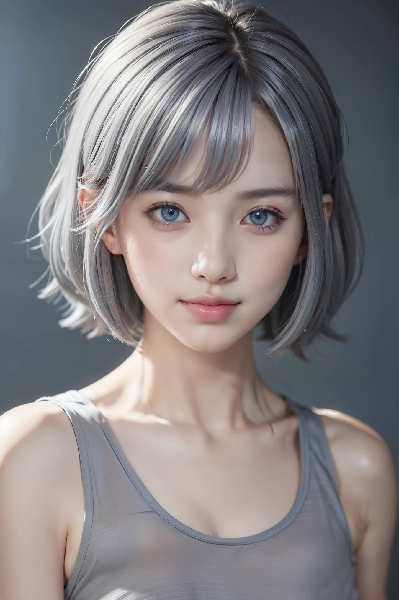close-up photo of face:1.4、(blue eyes:1.2)、最高のsmile、小さな平らな胸を持つsmall breasts美少女、(ash gray hair:1.5)、beautiful girl with round face、short bob cut hair, (RAW photo、highest quality)、(realistic、Photoreal:1.3)、highest quality、masterpiece、very delicate and beautiful、very detailed顔、small breasts、sense of oneness、2k wallpaper、growing up、Beautiful in every detail、masterpiece、smile、highest quality、Hvery detailed ticker Unity 8K wallpapers、huge file size、Super detailed、High resolution、very detailed、1 female、because I'thin、cup、(black leotard top:0.7)、(Beautiful girl in a loose tank top:1.2)、think ahead、sharp focus、close up of face、face to face with the children_v1:0.8 short bob cut hair、Instagram、viewer'point of view、self snap