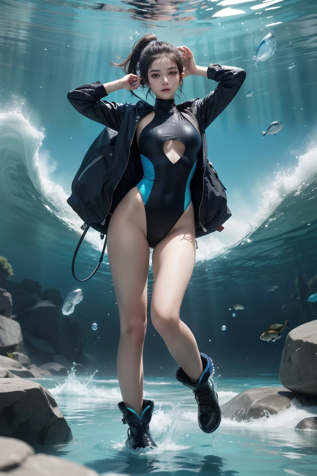 "(best quality,8k)(ultra-detailed)(realistic:1.37),anime girl in black swimsuit and black boots walking on water,anime girl walking on water, popular topics on ArtStation and Pixiv, artworks by Guweiz on ArtStation and Pixiv, inspired by Ross Tran's style, Ross Tran's art, scenic background, wallpaper, anime, blue water, 8k resolution, underwater, inspired by beauty in the sea