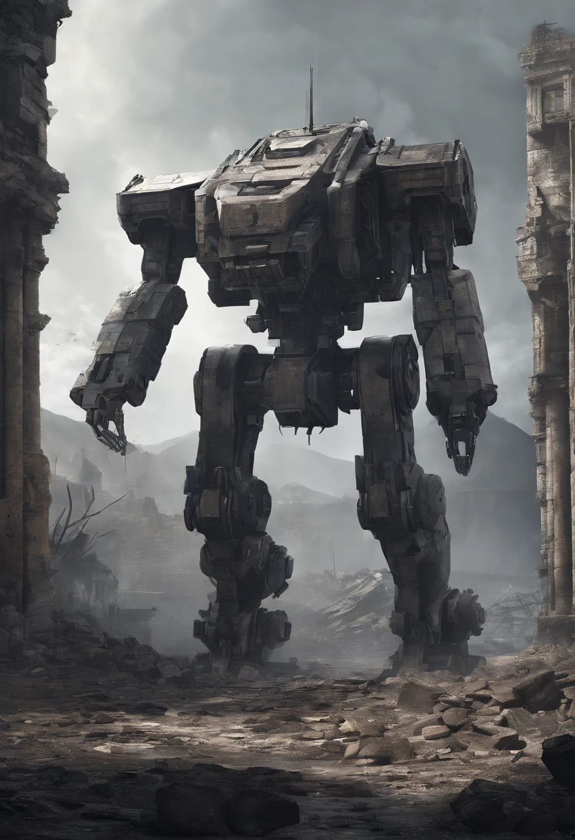 Abandoned Mech, ancient ruins, best quality, masterpiece, Representative work, official art, Professional, Ultra intricate detailed, 8k