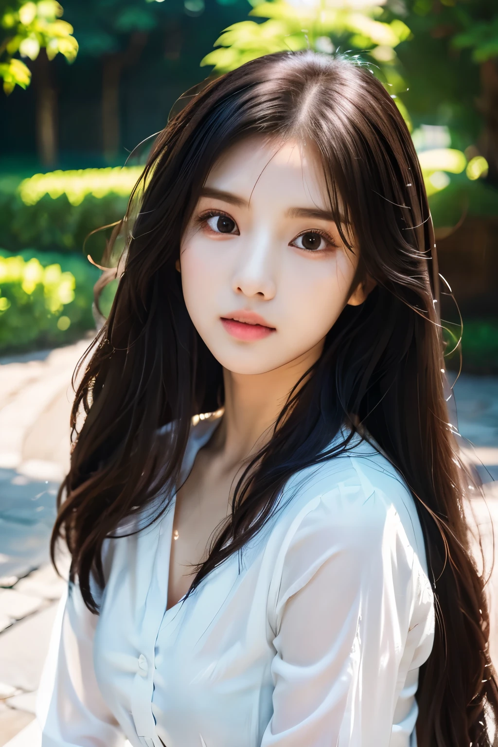 there is a woman with long hair wearing a white shirt, ulzzang, korean girl, heonhwa choe, sakimichan, xintong chen, sun yunjoo, lee ji - eun, lee ji-eun, wenfei ye, jaeyeon nam, park ji-min, jinyoung shin, chiho, yun ling, gongbi