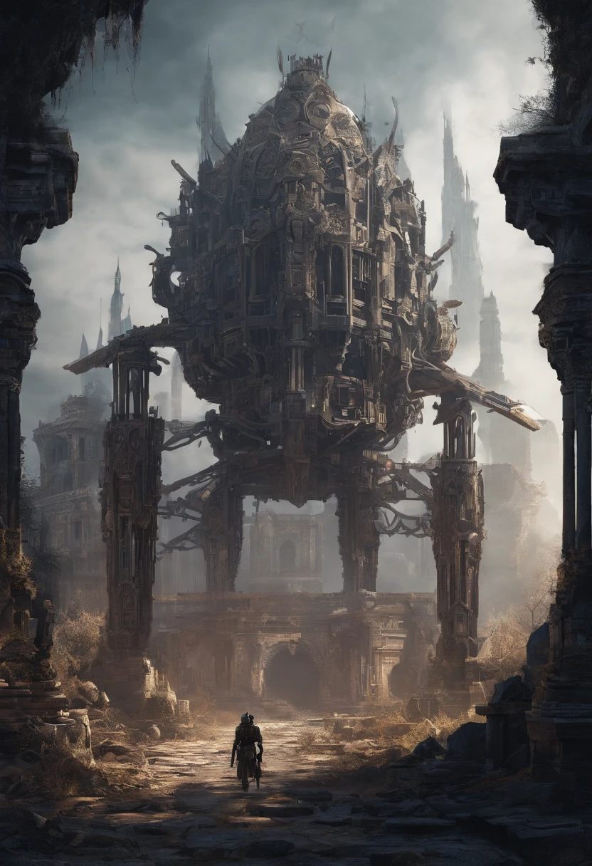 Abandoned Mech, ancient ruins, best quality, masterpiece, Representative work, official art, Professional, Ultra intricate detailed, 8k