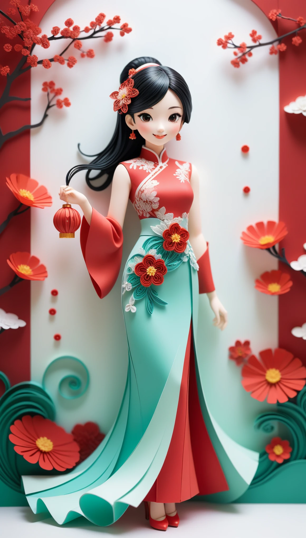 (paper art,layered paper art,paper quilling,paper-cut,paper sculpture), 1 Cheongsam woman，Slender figure，perfectly proportions，Delicate hair accessories, full body, smile，Oriental elements，simple background, mint red,  (Soft Lighting, Bokeh)