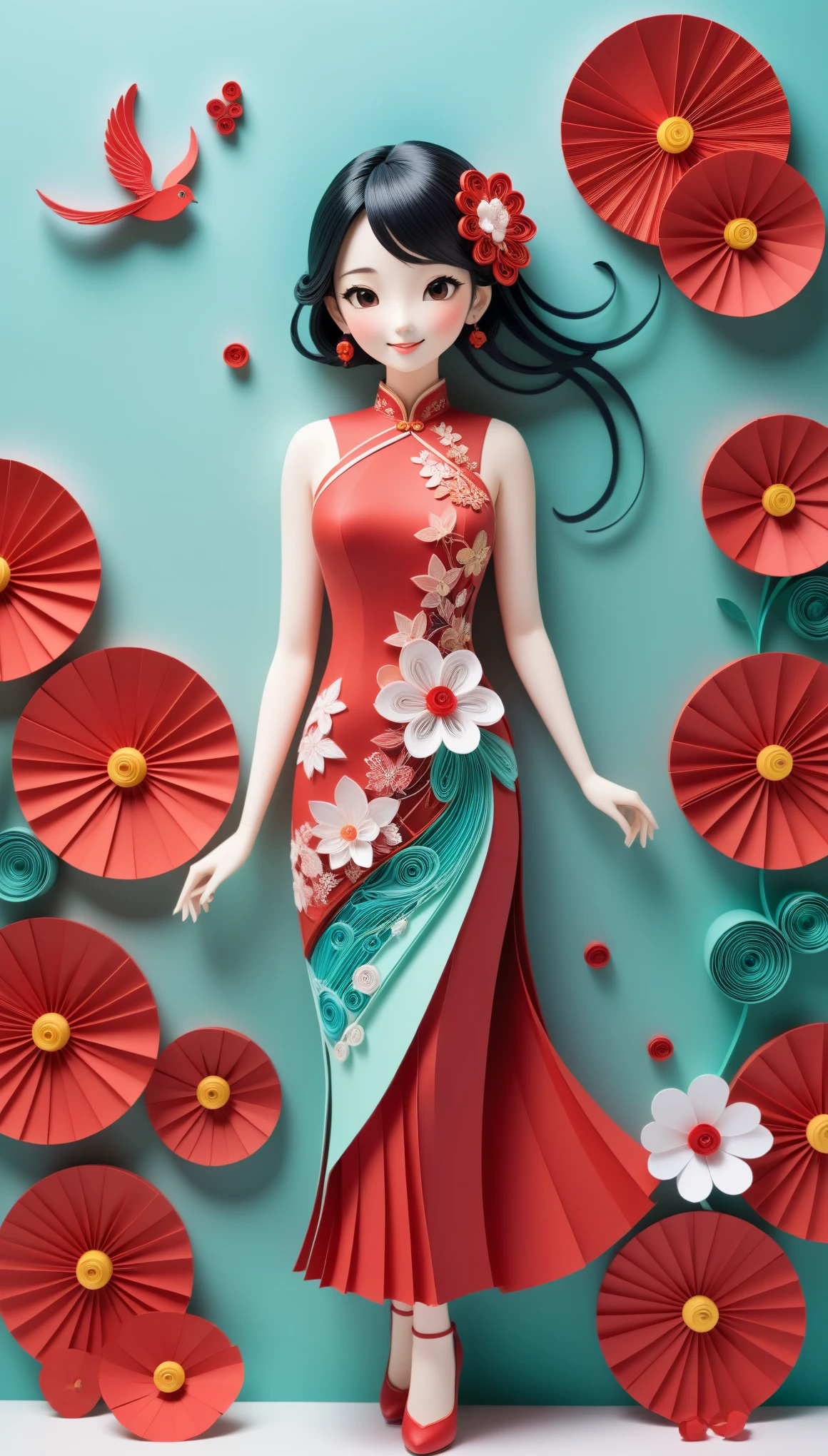 (paper art,layered paper art,paper quilling,paper-cut,paper sculpture), 1 Cheongsam woman，Slender figure，perfectly proportions，Delicate hair accessories, full body, smile，Oriental elements，simple background, mint red,  (Soft Lighting, Bokeh)