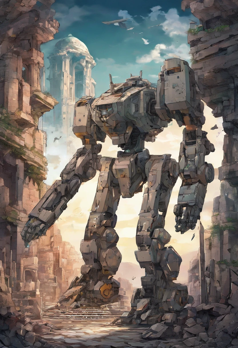 Abandoned Mech, ancient ruins, best quality, masterpiece, Representative work, official art, Professional, Ultra intricate detailed, 8k