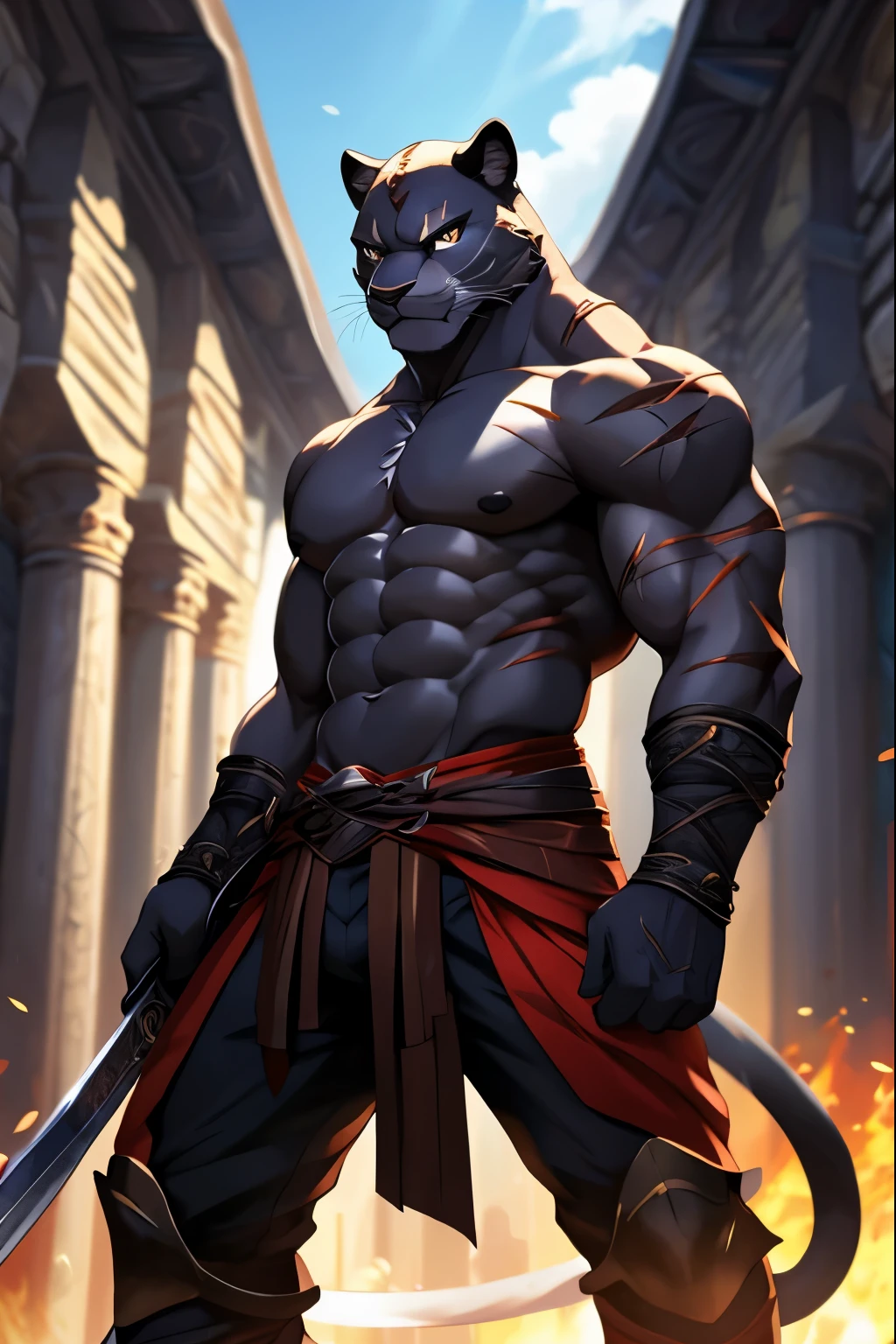 Masterpieces, furry, male, fantasy, Anthropomorphic, panther, veiny, athletic body, Delicate eyes, glistening body, warrior, swordsman, anime, depth of field, perfect lighting, (best quality),(masterpiece),(ultra detailed), sharp focus, detailed background, armored pants, shirtless, fierce look, full body, six pack abs, black nipples, scars, flesh wounds, black gloves, glossy skin