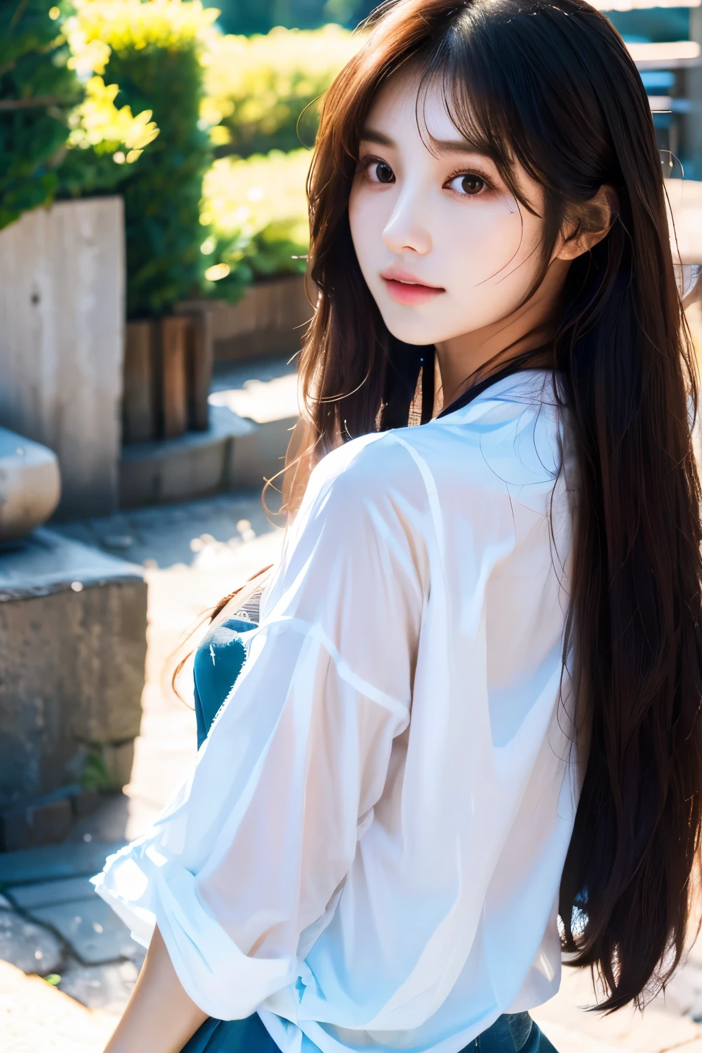 there is a woman with long hair wearing a white shirt, ulzzang, korean girl, heonhwa choe, sakimichan, xintong chen, sun yunjoo, lee ji - eun, lee ji-eun, wenfei ye, jaeyeon nam, park ji-min, jinyoung shin, chiho, yun ling, gongbi