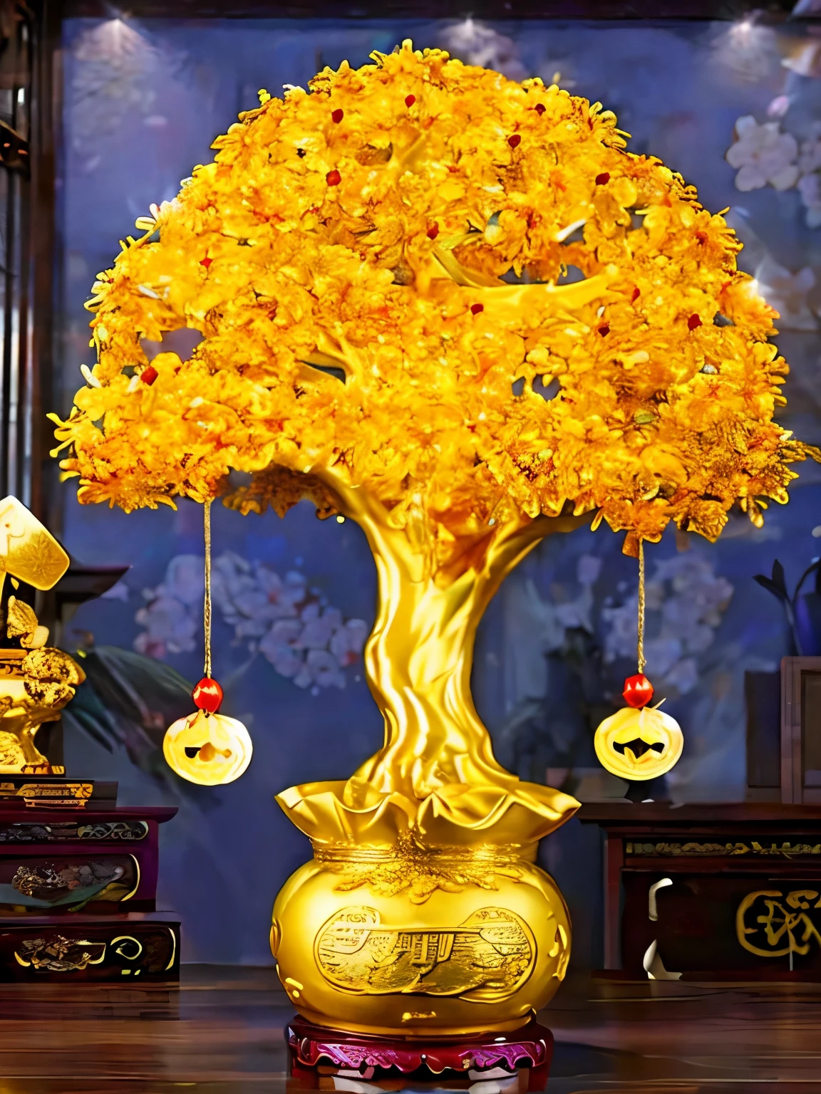 (masterpiece, best quality:1.2), money tree，，In a room decorated with Chinese New Year（ （（充满奇幻元素的masterpiece））） （（best quality））， （（intricate details））（8k）