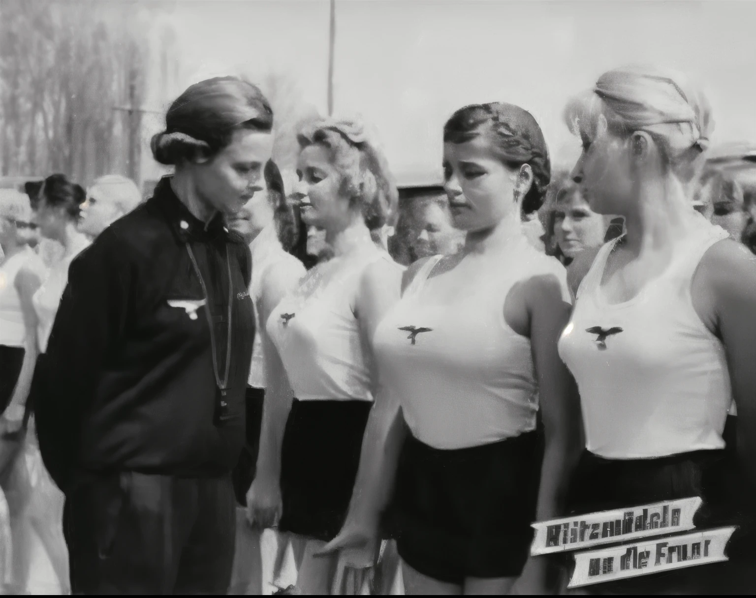 arafed black and white photo of a group of women in uniforms, by Hans Schwarz, by Werner Gutzeit, inspired by Helmut Federle, by Rudolf Freund, carole feuerman, by Hans Fries, by Kurt Seligmann, by Kees Scherer, inspired by Margaret Leiteritz, by Werner Tübke, by Fritz Glarner