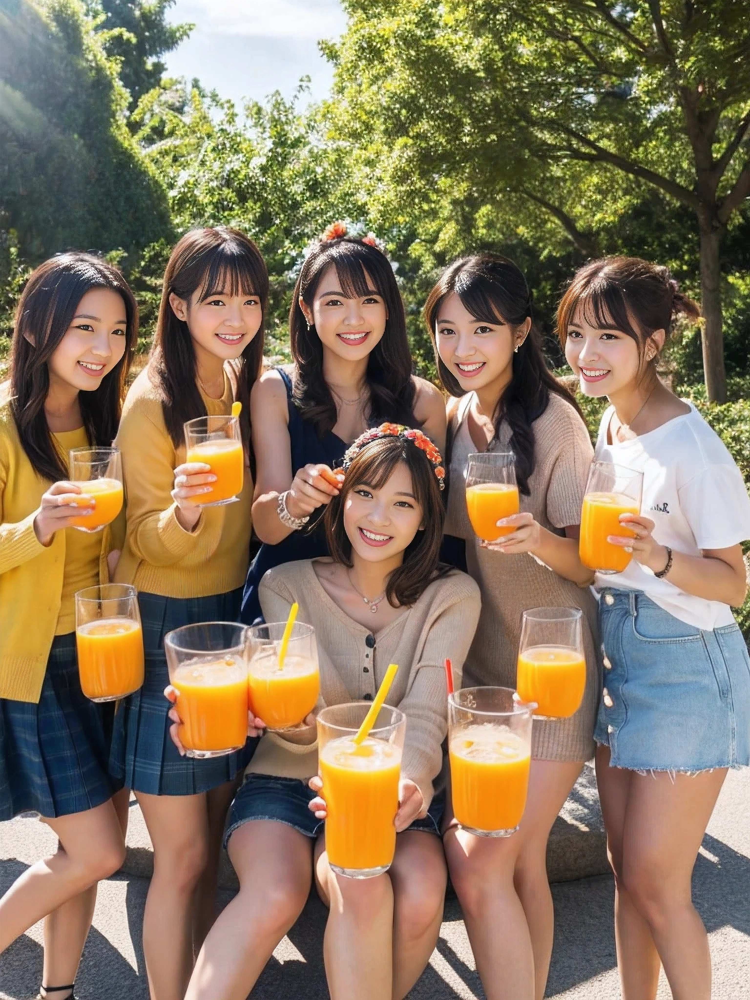 ((Best quality, masterpiece)), five lifelong friends,japanese idol,costume,((orange juice)), warmly embracing, smiling ear-to-ear, surrounded by lush greenery and a crisp blue sky, basking in the sunshine of a perfect day.