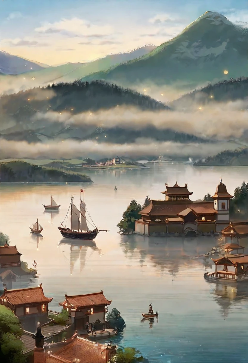 wide shot, fog, scenery, water, mountain, mountainous horizon, building, outdoors, sky, boat, watercraft, amazing quality, masterpiece, detailed 4k illustration, detailed, lumine genshin impact
