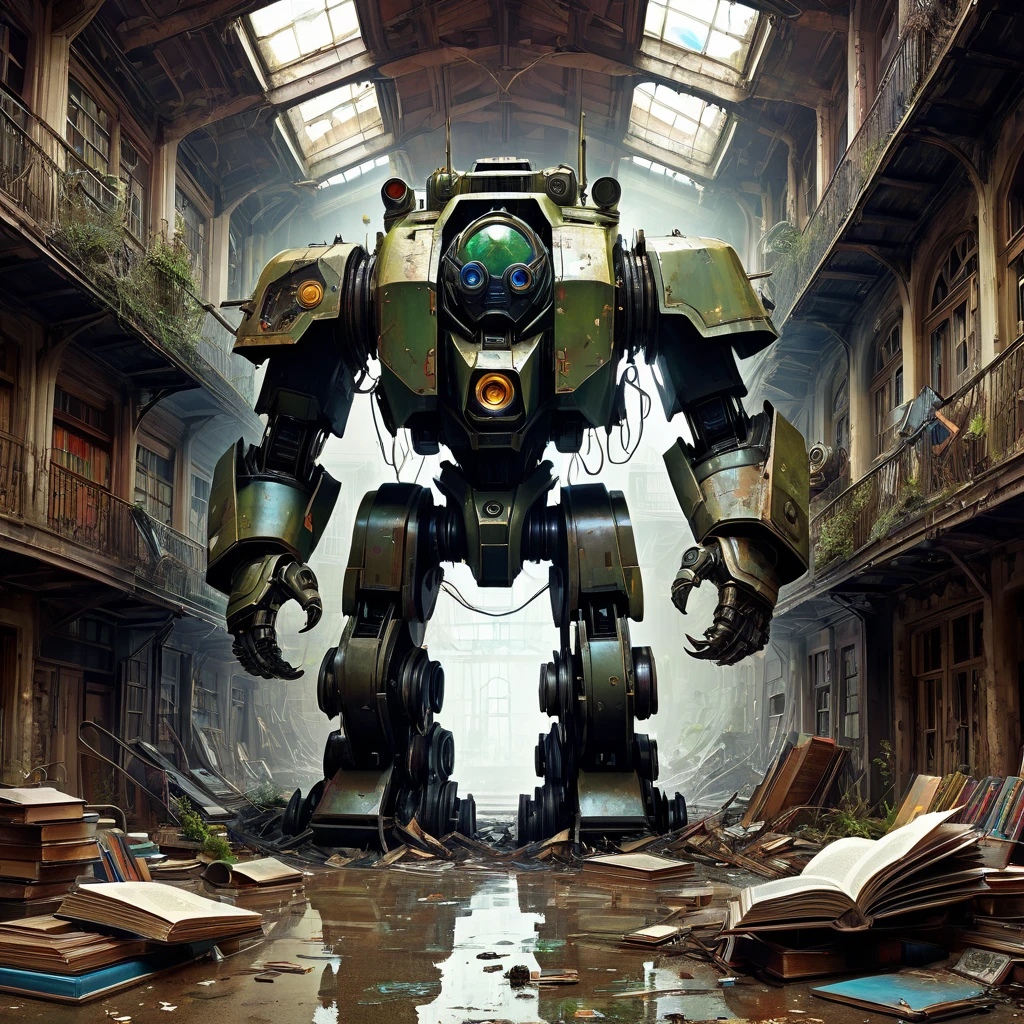 Abandoned Mech, aesthetic, extremely detailed, eye catching, drab, St Helliers Boys Home.....abandoned 50 years ago....old school books littering the floor ..mildew, massive hulking partly human cyborg beast abandoned postapocalyptic wasteland Hyper-detailed masterpiece by Joe Fenton Tracy J. Butler Brian Kesinger WLOP Wadim Kashin Ismail Inceoglu Jordan Grimmer splash art watercolor dark and gritty, Epic cinematic brilliant stunning intricate meticulously detailed dramatic atmospheric maximalist digital matte painting