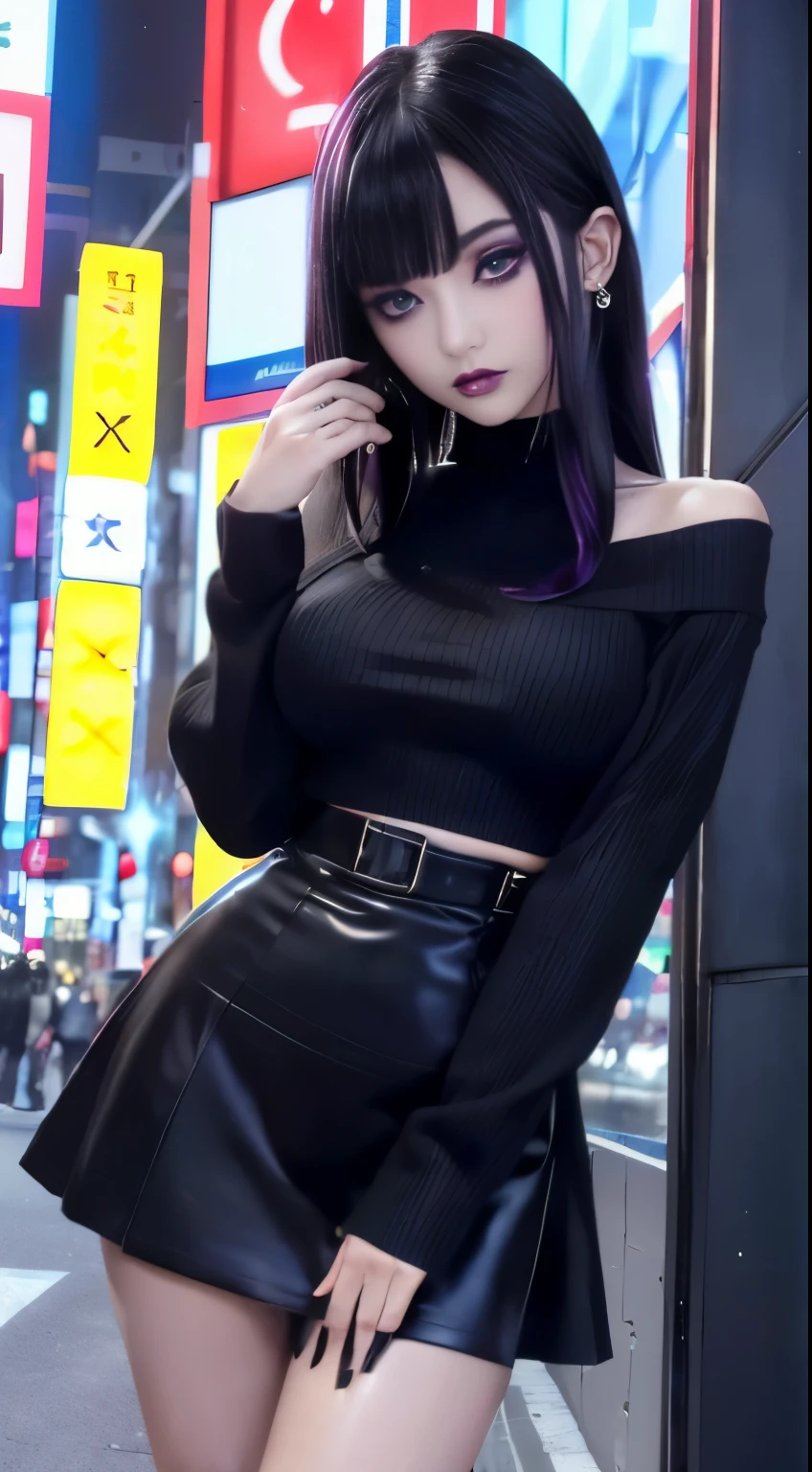 4k-ultra sharp、highest quality, masterpiece, ultra high resolution, (reality: 1.4),  16 year old girl, purple eyes, Off-the-shoulder sweater dresses, cinematic lighting、purple and black hair、(mine girl、goth makeup、mine makeup)、(Pierced ears、big breasts、Oversized black T-shirt with open shoulders、dark mini skirt)、((dark makeup、oil skin,sparkling skin、realistic skin texture、detailed beautiful skin、shiny skin)), dark downtown area at night、kabukicho、Dark Cyberpunk、(full shot:1.8)、thin legs、thin arms、thin shoulders、thin waist、slender body、big breasts、whole body