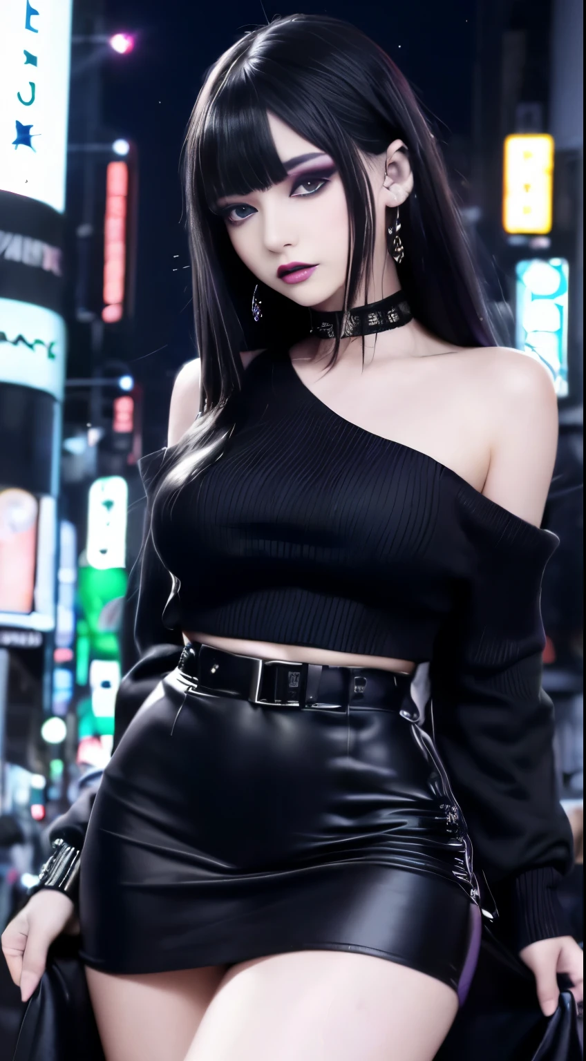 4k-ultra sharp、highest quality, masterpiece, ultra high resolution, (reality: 1.4),  16 year old girl, purple eyes, Off-the-shoulder sweater dresses, cinematic lighting、purple and black hair、(mine girl、goth makeup、mine makeup)、(Pierced ears、big breasts、Oversized black T-shirt with open shoulders、dark mini skirt)、((dark makeup、oil skin,sparkling skin、realistic skin texture、detailed beautiful skin、shiny skin)), dark downtown area at night、kabukicho、Dark Cyberpunk、(full shot:1.8)、thin legs、thin arms、thin shoulders、thin waist、slender body、big breasts、whole body