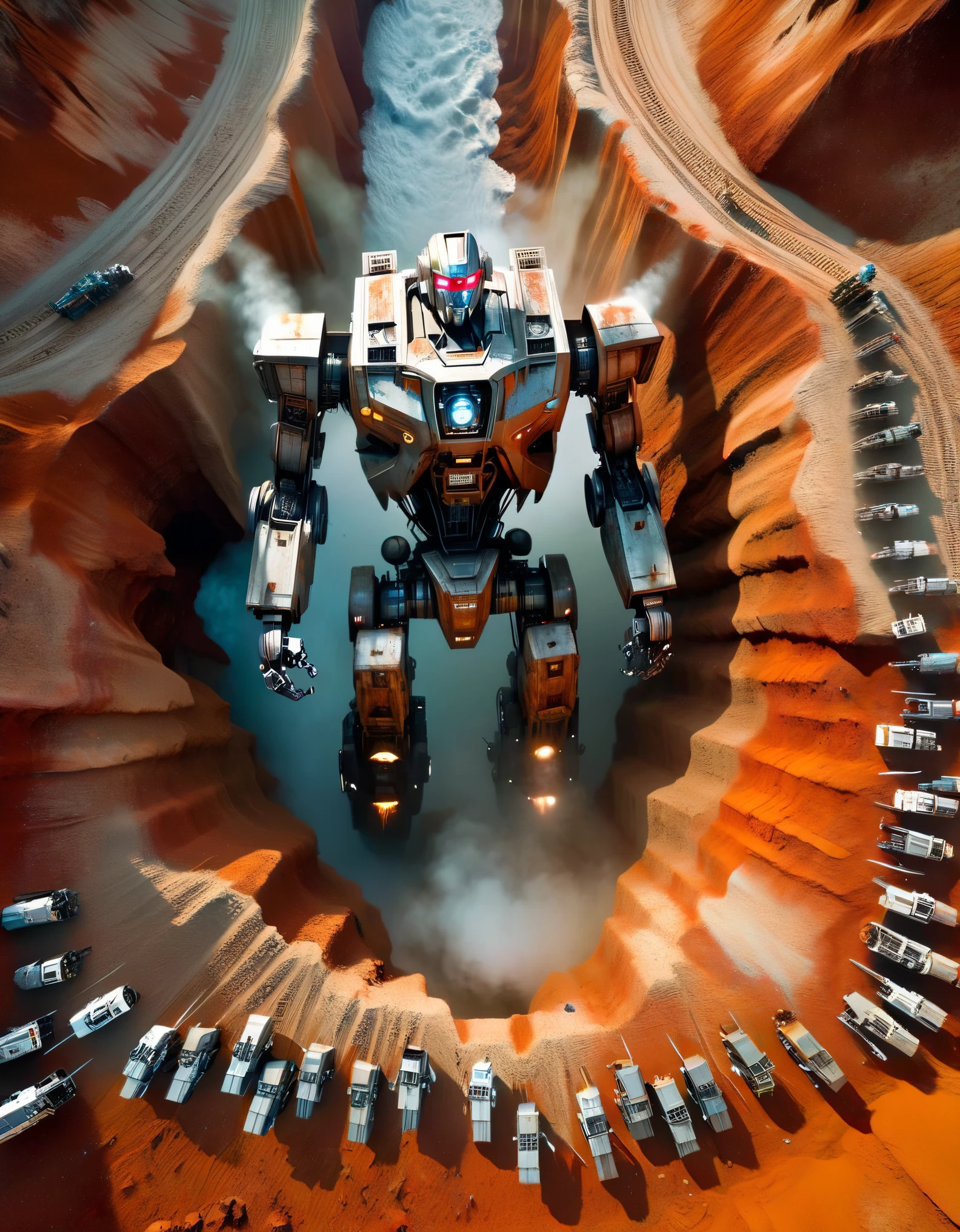 3D rendering: A huge old mecha is being dragged out of a huge, super-deep pit by multiple people, covered in rust and dirt, Shattered corpses, sand and gravel, archaeological pit,Many surprised spectators looked at the camera with their mouths wide open.,,dripping paint,Matte painting,Science fiction,fever dream,impossible,post cyberpunk,Ice Age, Image from the work of Peter Jackson, Pictures from Wong Kar-wai’s works, Image from the work of Emmanuel Lubezki,by Bruno Barbet,by Anne Brigman,Edward S. Curtis,Tense atmosphere, high detail,super quality,high resolution,Surrealism,HD,16k,depth of field (Every time),Aerial View,Aerial view,mood lighting,