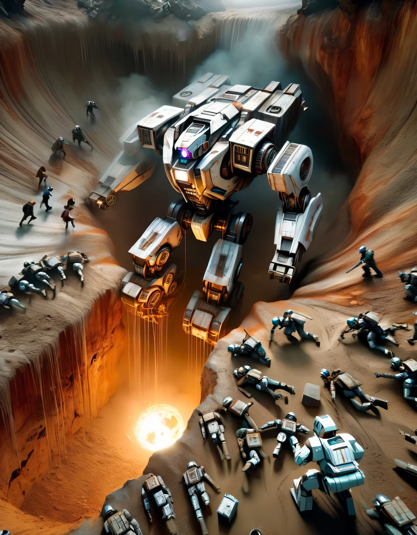 3D rendering: A huge old mecha is being dragged out of a huge, super-deep pit by multiple people, covered in rust and dirt, Shattered corpses, sand and gravel, archaeological pit,((Many surprised spectators looked at the camera with their mouths wide open.))
webs,,dripping paint,Matte painting,Science fiction,fever dream,impossible,post cyberpunk,Ice Age, Image from the work of Peter Jackson, Pictures from Wong Kar-wai’s works, Image from the work of Emmanuel Lubezki,by Bruno Barbet,by Anne Brigman,Edward S. Curtis,Tense atmosphere, high detail,super quality,high resolution,Surrealism,HD,16k,depth of field (Every time),Aerial View,Aerial view,mood lighting,