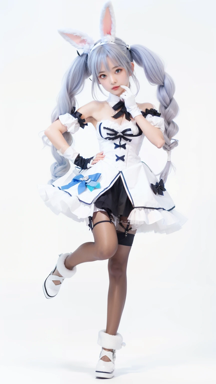 best quality, masterpiece, realistic, (photorealistic:1.4), 1girl, solo, full body, cheshire cosplay costume, cosplay, ribbon, animal ears, high heels, garter straps, wrist cuffs, paw pose, looking at viewer, indoors,