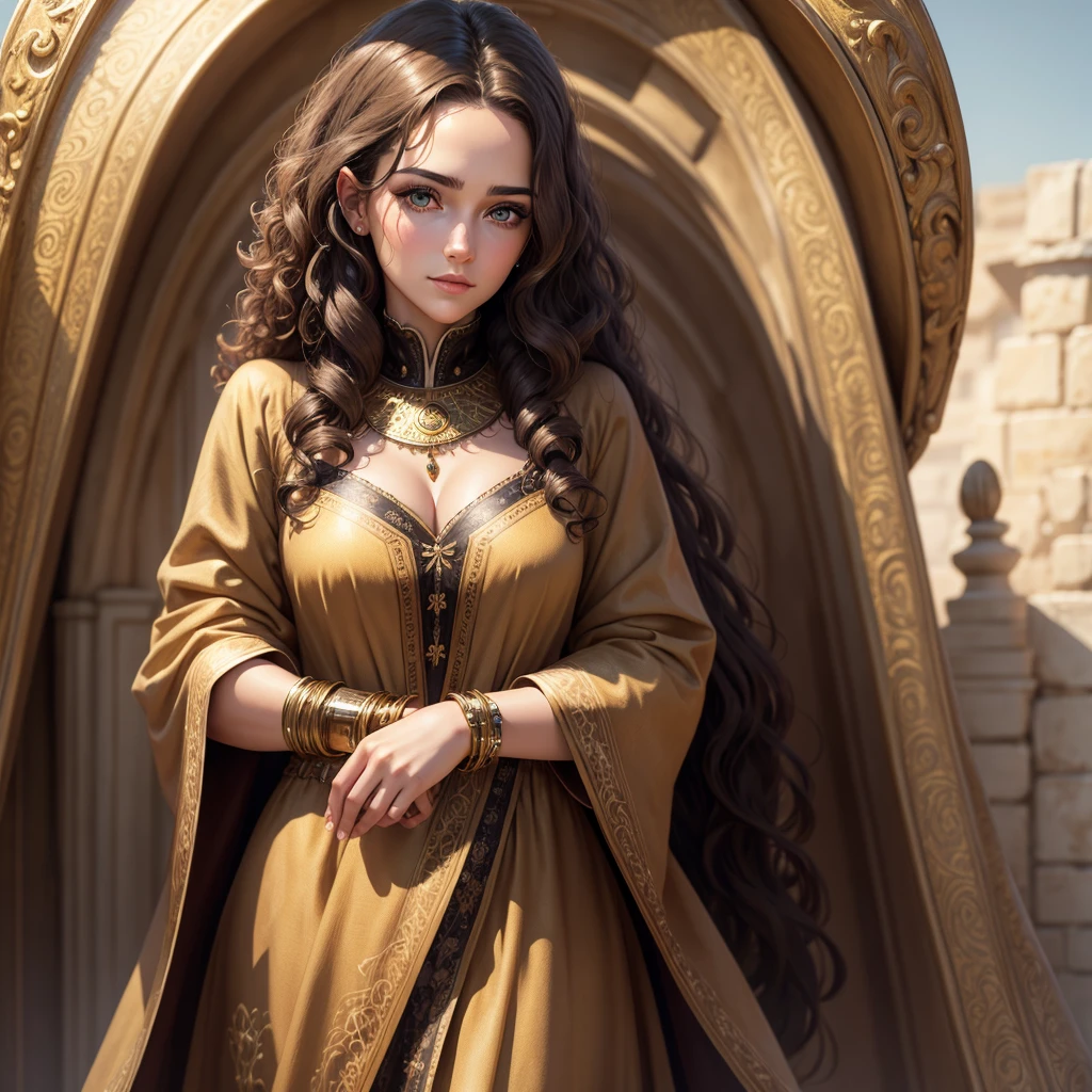 western, brunette woman, detailed eyes in lock clothing, curly hair, golden skin, in high quality, realistic
