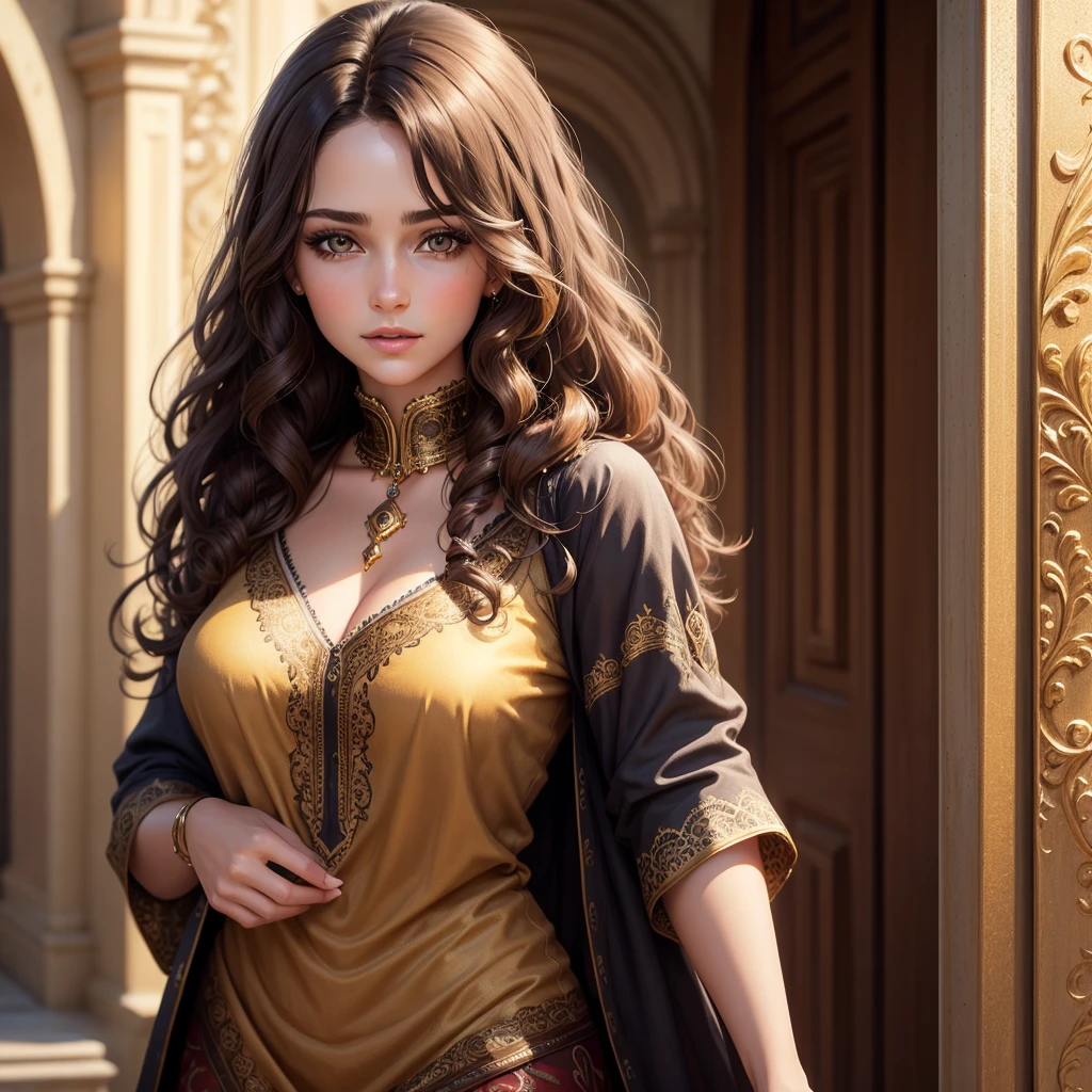 1 woman, Latina woman, 25 years old, wavy brown hair, olive skin, smaller head, brown eyes, toned body, medium breasts, detailed long robe with hoods, intricate necklace, masterpiece, ultra HD, realistic masterpiece, blurred background, oasis on the desert, elegant poses, perfect hands, perfect face, perfect details, sharp focus