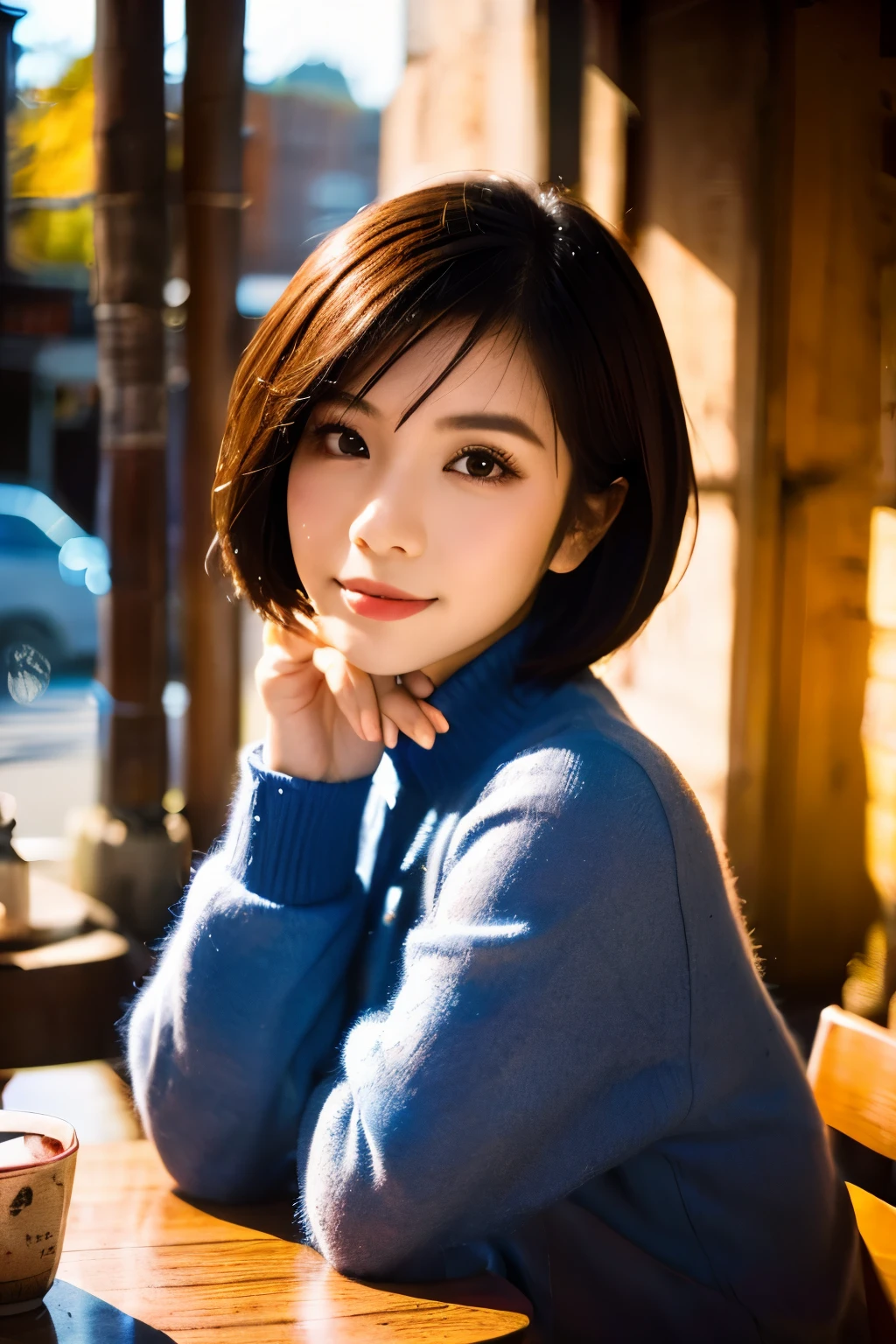 there is a woman sitting at a table with her hand on her chin, with short hair, 🤤 girl portrait, mai anh tran, headshot profile picture, a young asian woman, captured on canon eos r 6, sakimi chan, anime thai girl, joy ang, shot with sigma f/ 4.2, shot with sigma f / 4. 2