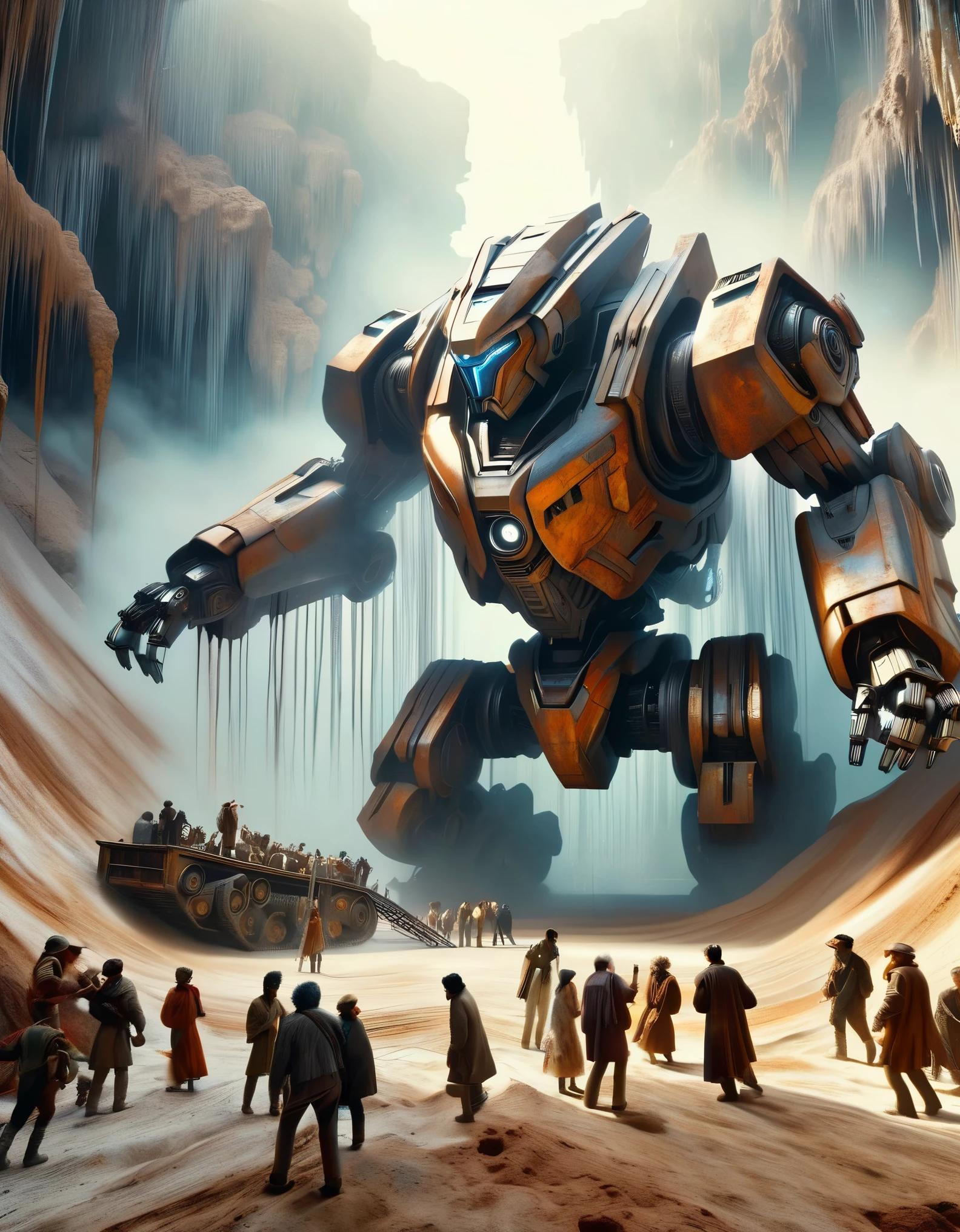 3D rendering: A huge old mecha is being dragged out of a huge, super-deep pit by multiple people, covered in rust and dirt, Shattered corpses, sand and gravel, archaeological pit,（（Many surprised spectators looked at the camera with their mouths wide open.））
 webs,,dripping paint,Matte painting,Science fiction,fever dream,impossible,post cyberpunk,Ice Age, Image from the work of Peter Jackson, Pictures from Wong Kar-wai’s works, Image from the work of Emmanuel Lubezki,by Bruno Barbet,by Anne Brigman,Edward S. Curtis,Tense atmosphere, high detail,super quality,high resolution,Surrealism,HD,16k,depth of field (Every time),Aerial View,Aerial view,mood lighting,