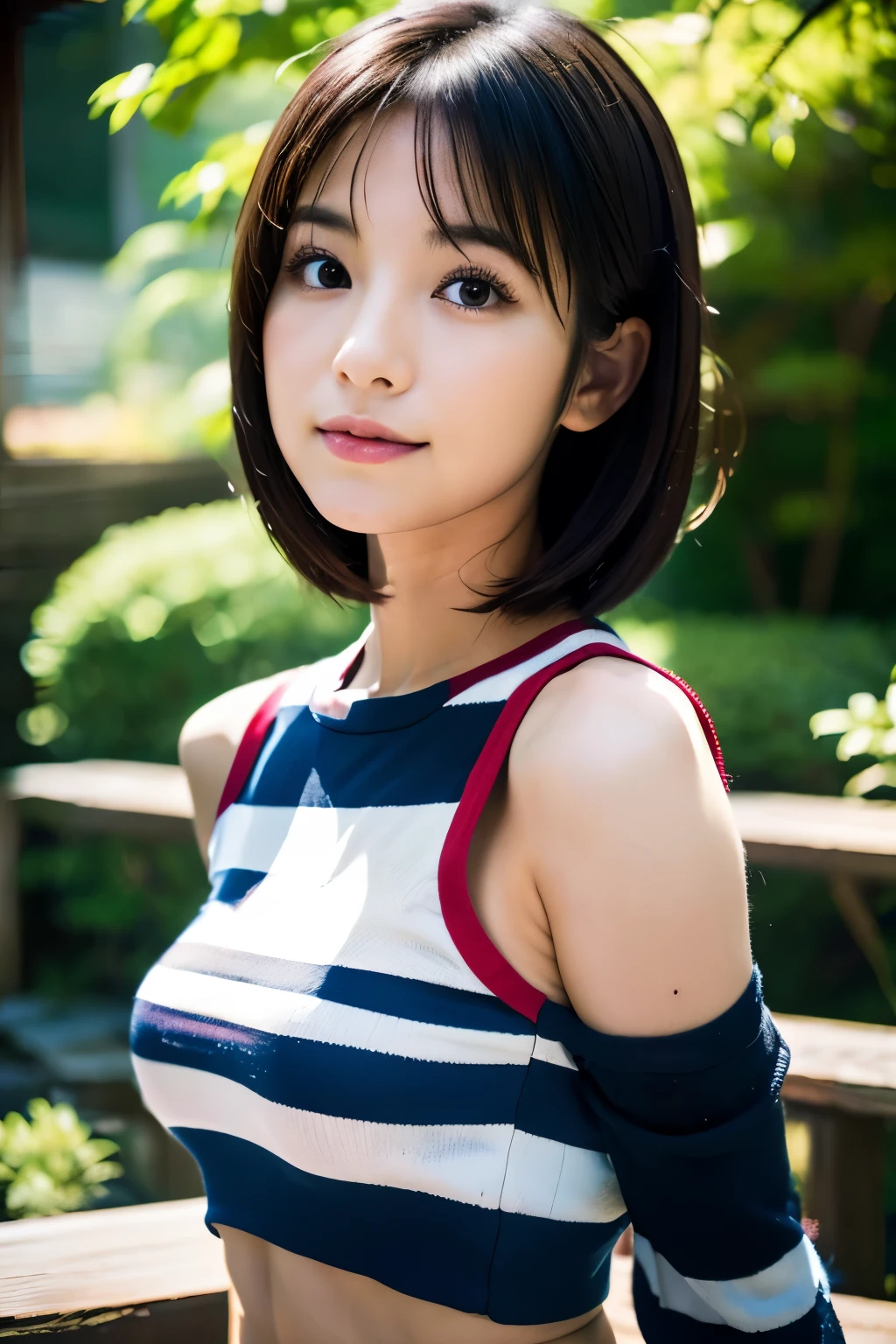 arafed asian woman with a striped top posing for a picture, chiho, asian girl, reluvy5213, korean girl, jaeyeon nam, young asian girl, f / 1. 9 6. 8 1 mm iso 4 0, beautiful asian girl, a young asian woman, with short hair, shikamimi, realistic young gravure idol