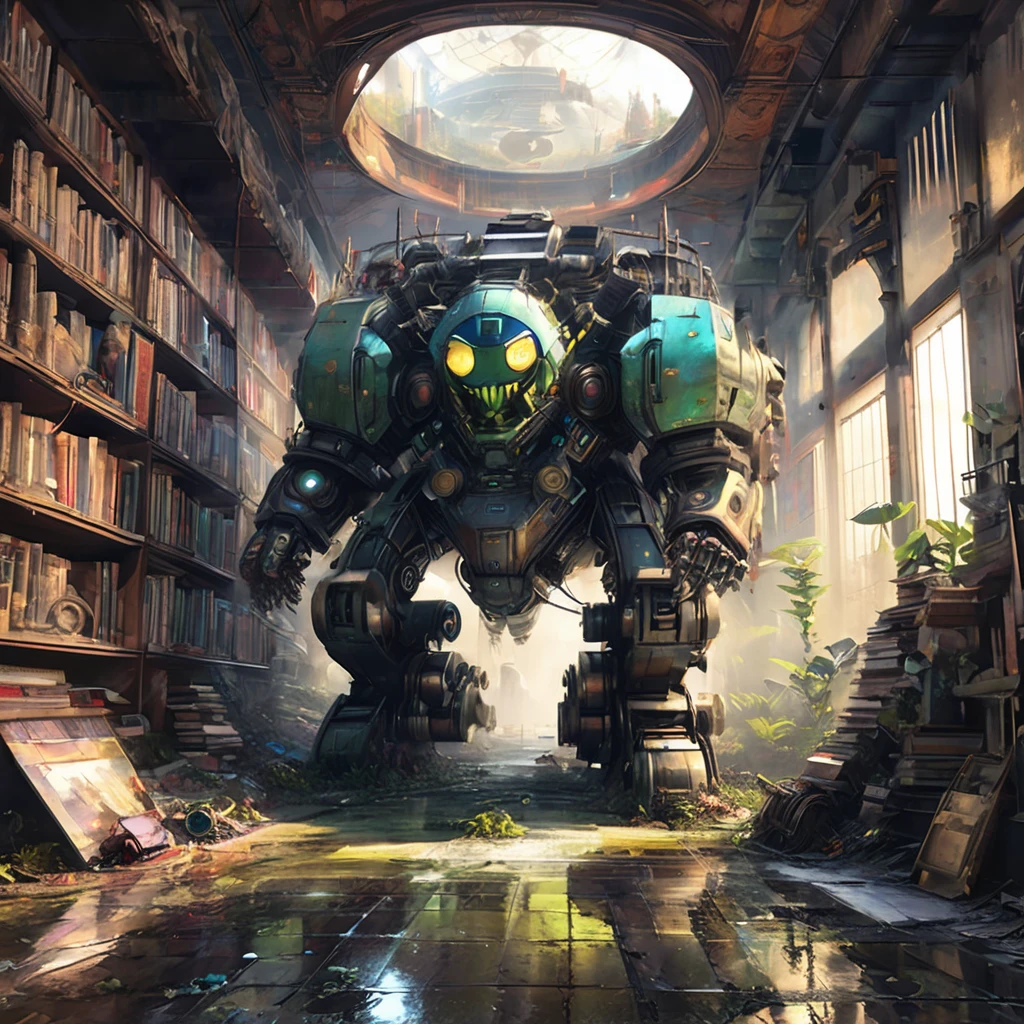 Abandoned Mech, aesthetic, extremely detailed, eye catching, drab, St Helliers Boys Home.....abandoned 50 years ago....old school books littering the floor ..mildew, massive hulking partly human cyborg beast abandoned postapocalyptic wasteland Hyper-detailed masterpiece by Joe Fenton Tracy J. Butler Brian Kesinger WLOP Wadim Kashin Ismail Inceoglu Jordan Grimmer splash art watercolor dark and gritty, Epic cinematic brilliant stunning intricate meticulously detailed dramatic atmospheric maximalist digital matte painting