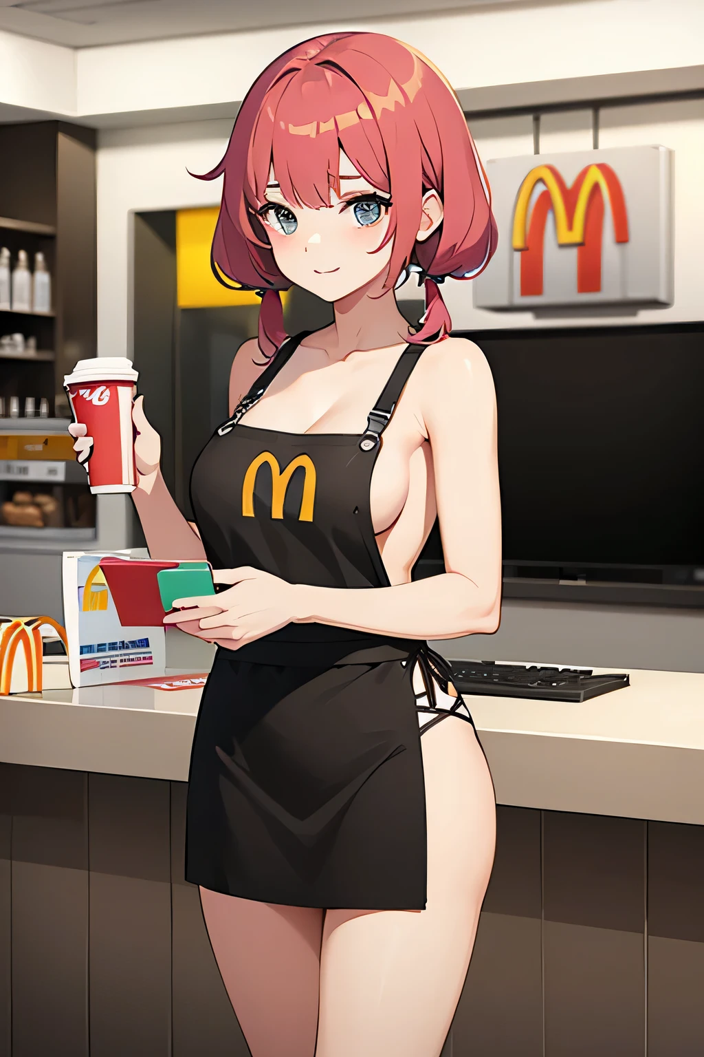 nude girl at mcdonalds only wearing a mcdonalds apron at the register