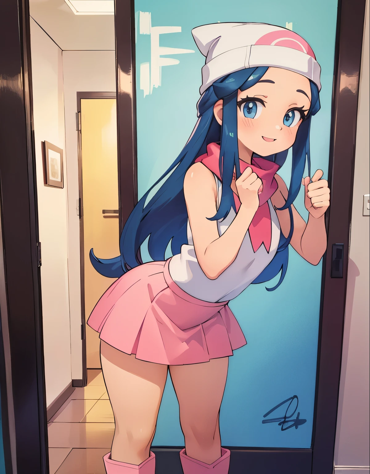 (best quality,4k,8k,highres,masterpiece:1.2),ultra-detailed,(realistic,photorealistic,photo-realistic:1.37)highres,portrait,beautiful girl,taking a selfie in a public bathroom mirror, full body,glossy reflection,\(pokemon\), beanie, long hair, blue hair, blue eyes, detailed eyes, beautiful eyes, black sleeveless shirt, pink scarf, pink skirt, pink boots, body shape, chubby thighs, down blouse,curious look, pokeballs, smile, encanto fe******,[metallic mirror],vibrant colors,soft lighting,hint of mystery,subtle smile,stylish outfit,impressive attention to facial details,expressive eyes,luscious lips,long eyelashes,shiny hair flowing down,urban backdrop,modern ambiance