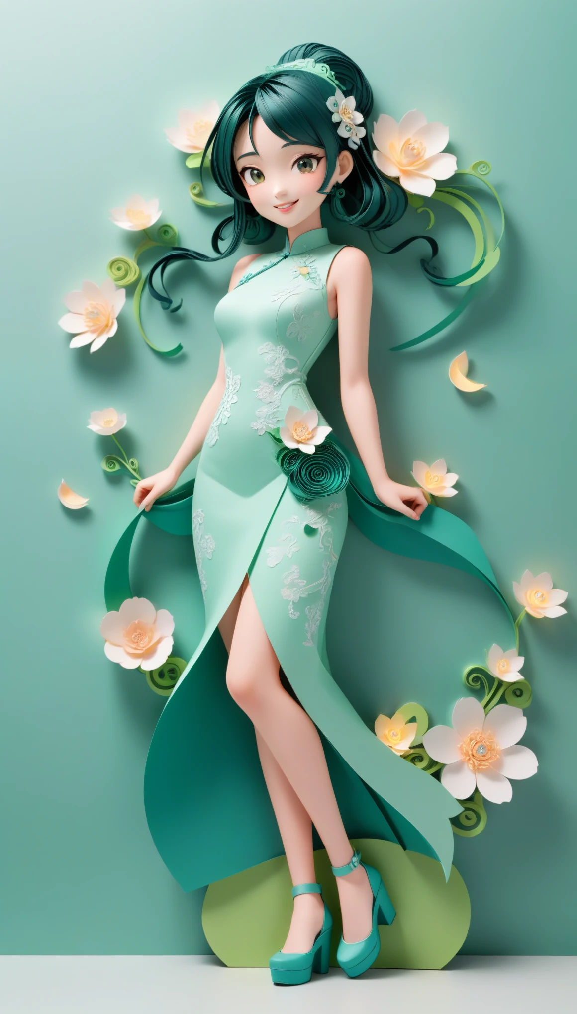 (paper art,layered paper art,paper quilling,paper-cut,paper sculpture), 1 Cheongsam woman，Slender figure，perfectly proportions，Delicate hair accessories, full body, smile，Oriental elements，simple background, mint green,  (Soft Lighting, Bokeh)