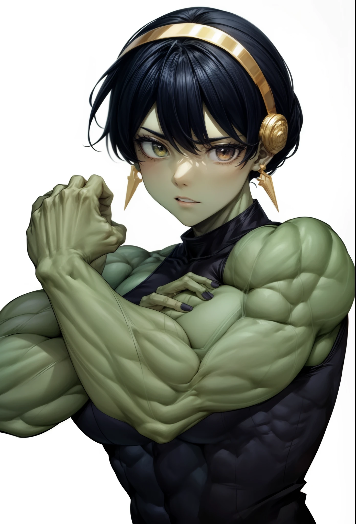  1 girl, black hair ,green skin,muscular female, alternate muscle size,,yor briar  , , biceps,muscular shoulder,upper body,thick arm,