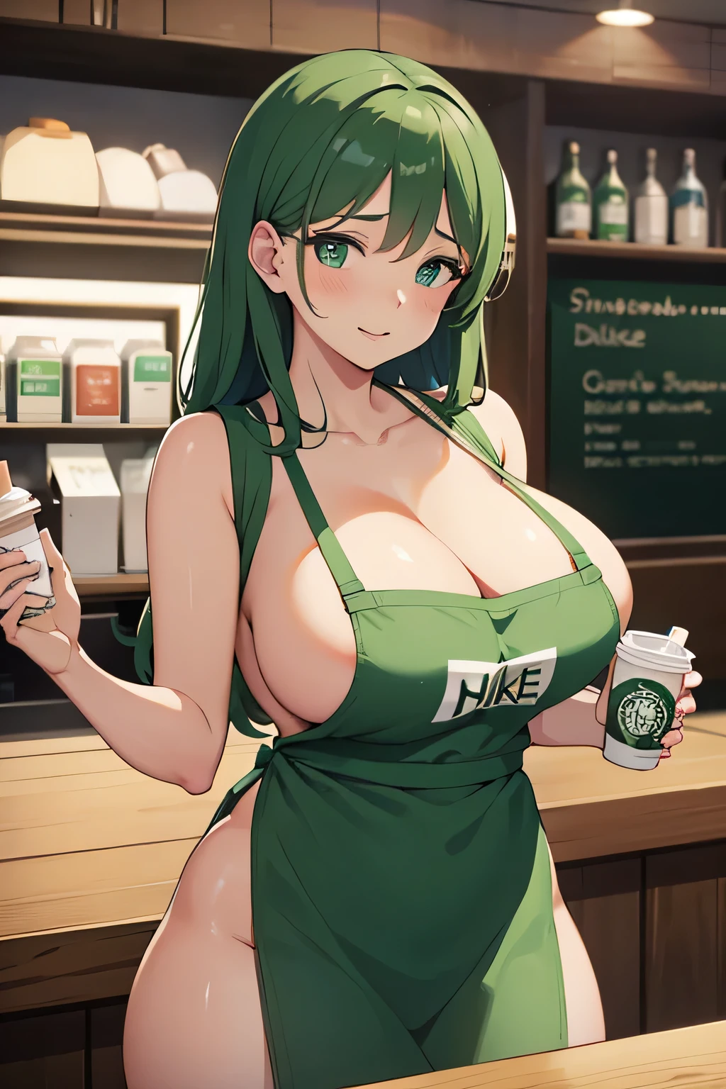 thick nude girl at starbucks only wearing a green starbucks apron at the register