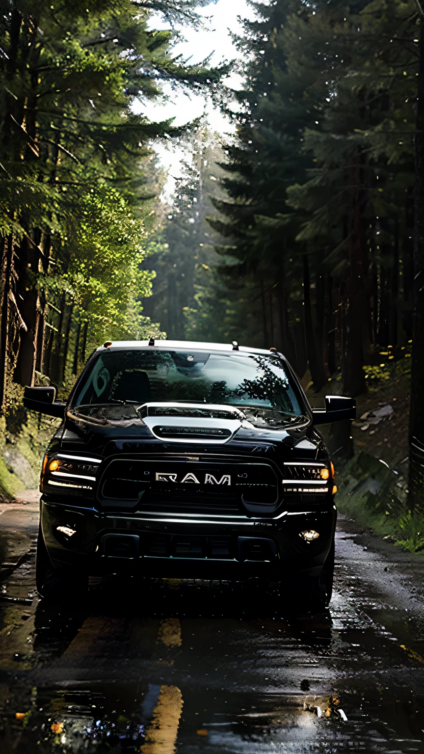 Black RAM pickup truck, sunlight, forest road, wet, water